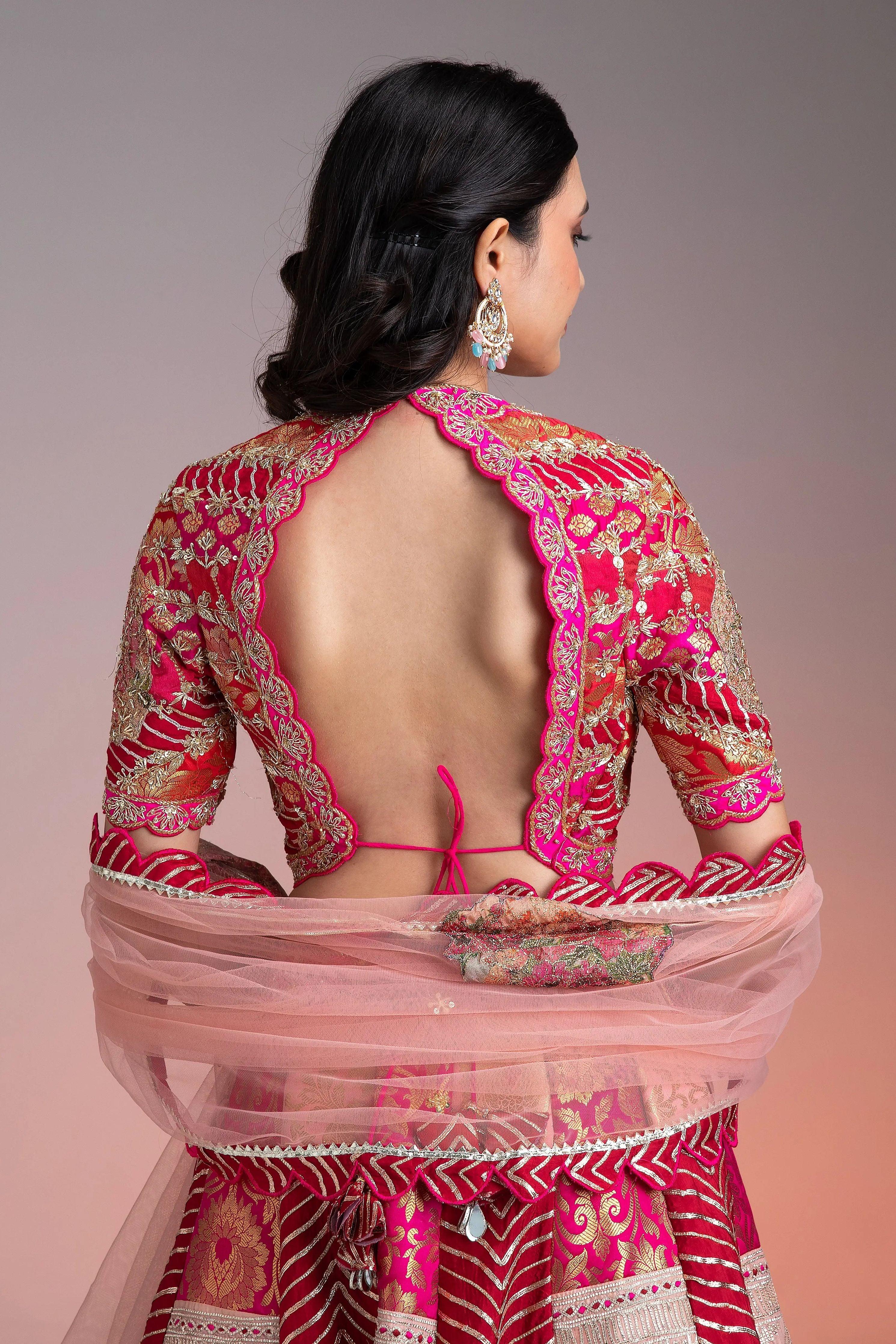 Vibrant Pink And Gold Applique Lehenga - Mokshaa