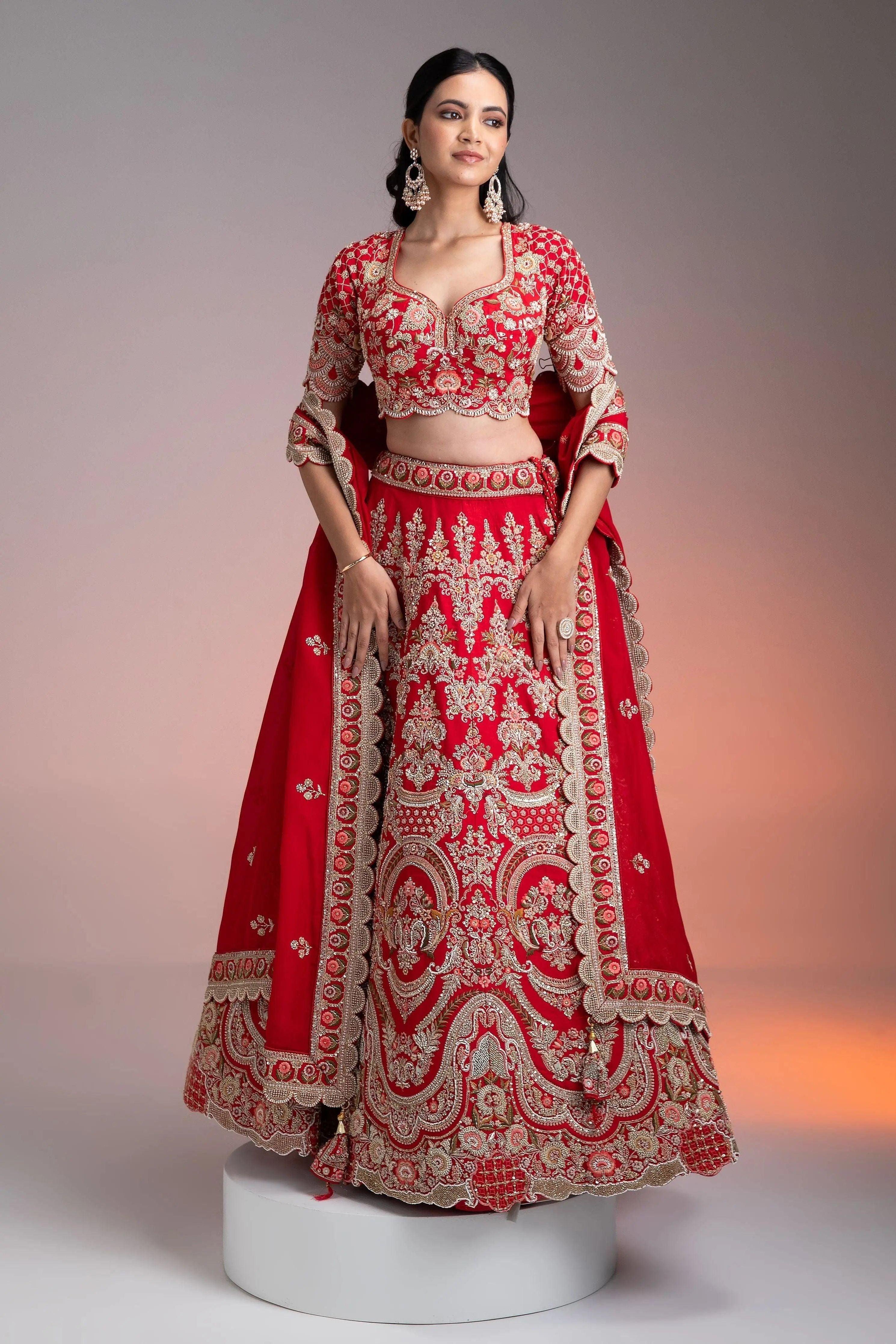 Red Silk Lehenga Set With Multicolor Threadwork - Mokshaa