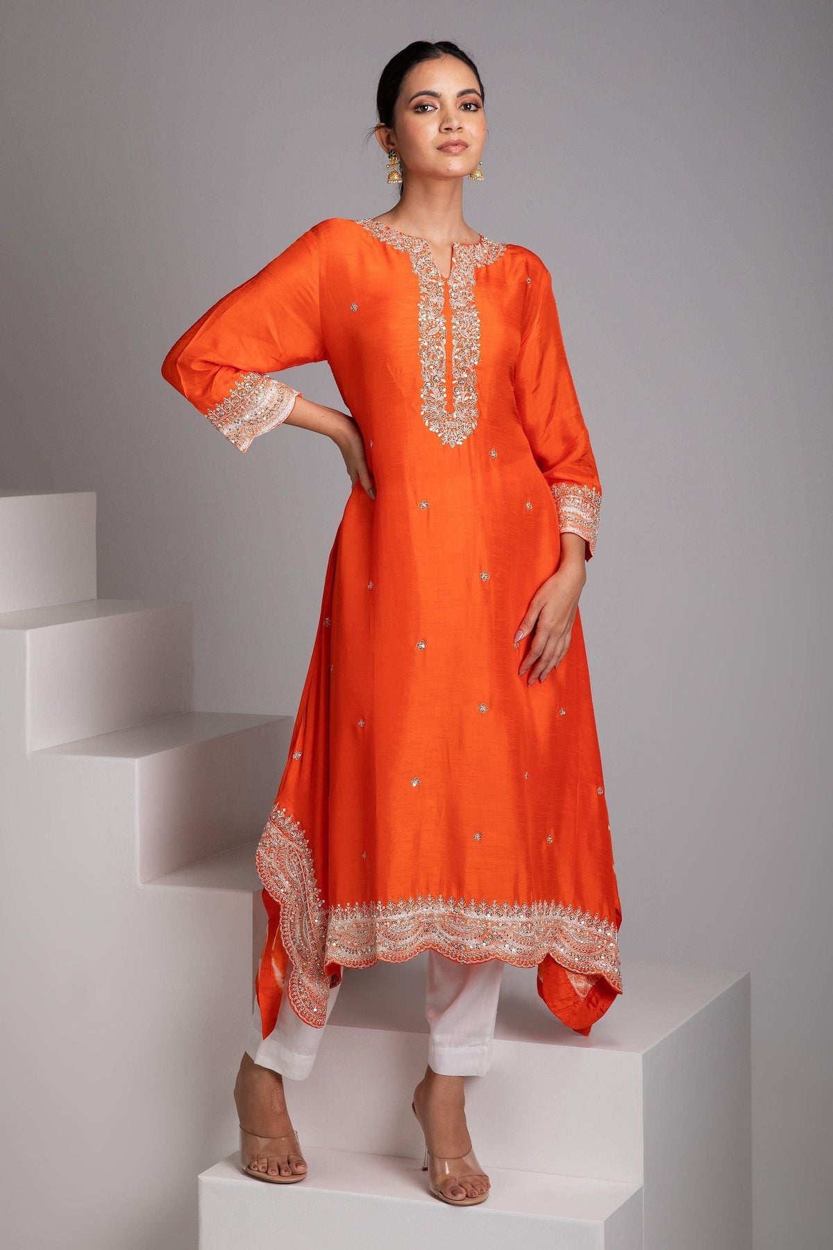 Orange Embroidered Kurta Set | Salwar Kameez | Mokshaa