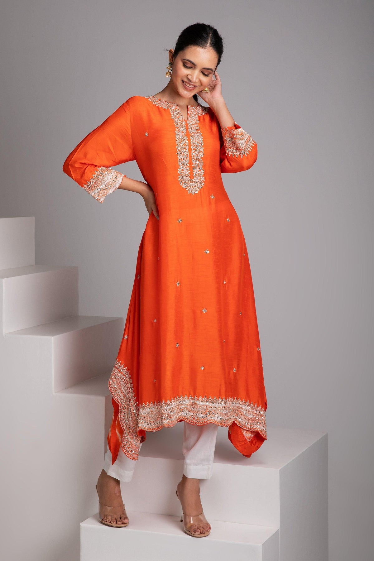Orange Embroidered Kurta Set | Salwar Kameez | Mokshaa