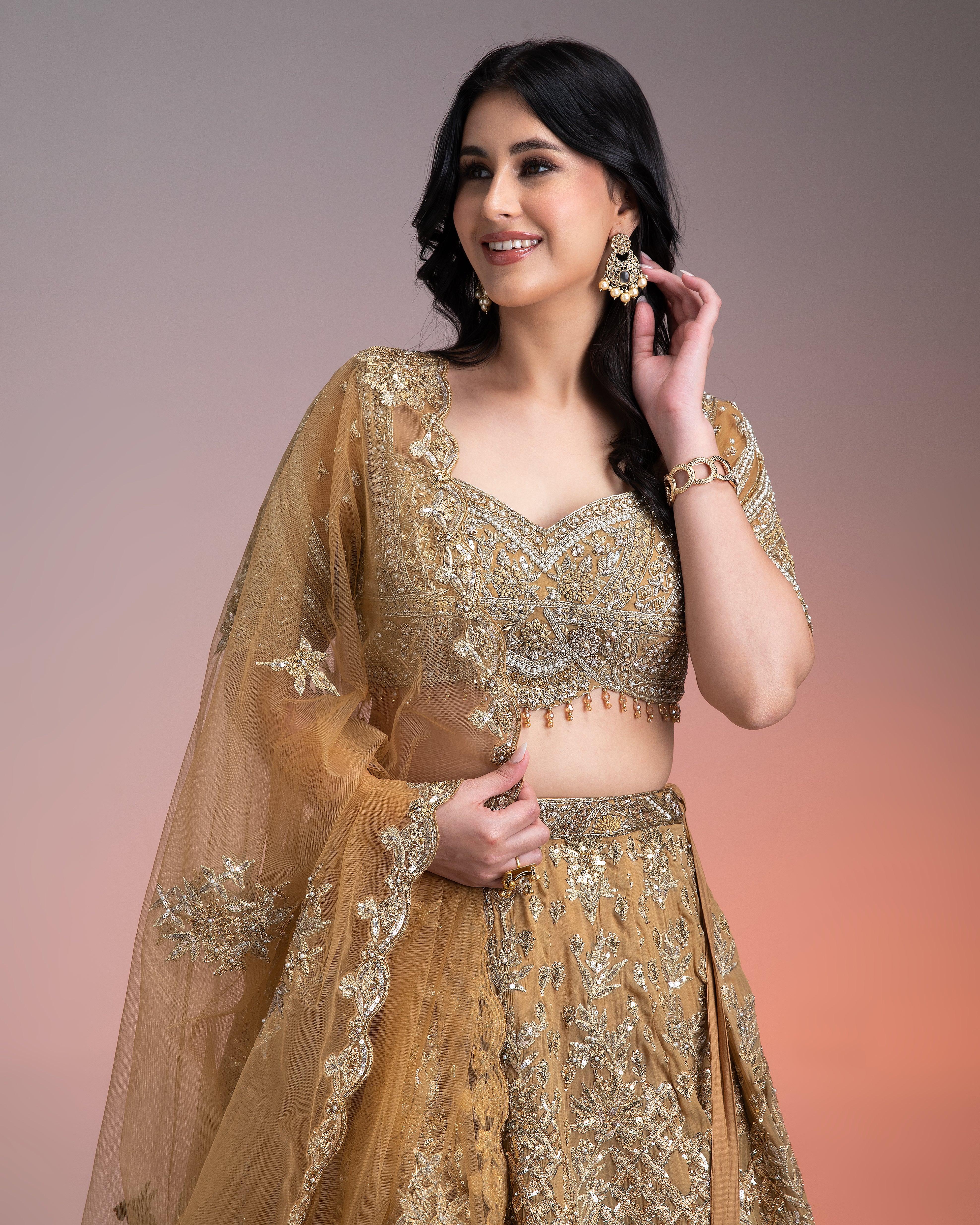 Golden Net Lehenga Set With Intricate Sequin And Thread Embroidery - Mokshaa
