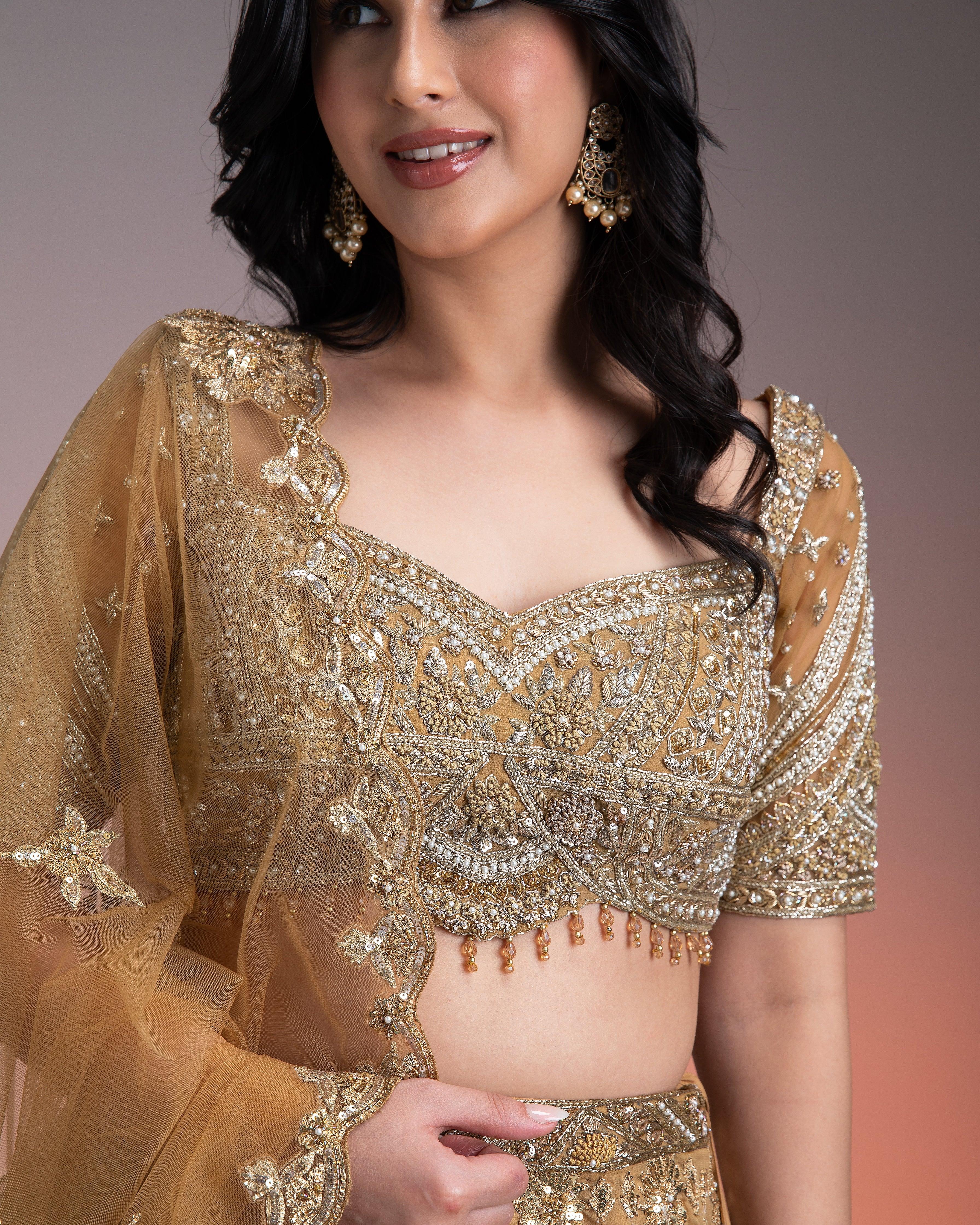 Golden Net Lehenga Set With Intricate Sequin And Thread Embroidery - Mokshaa