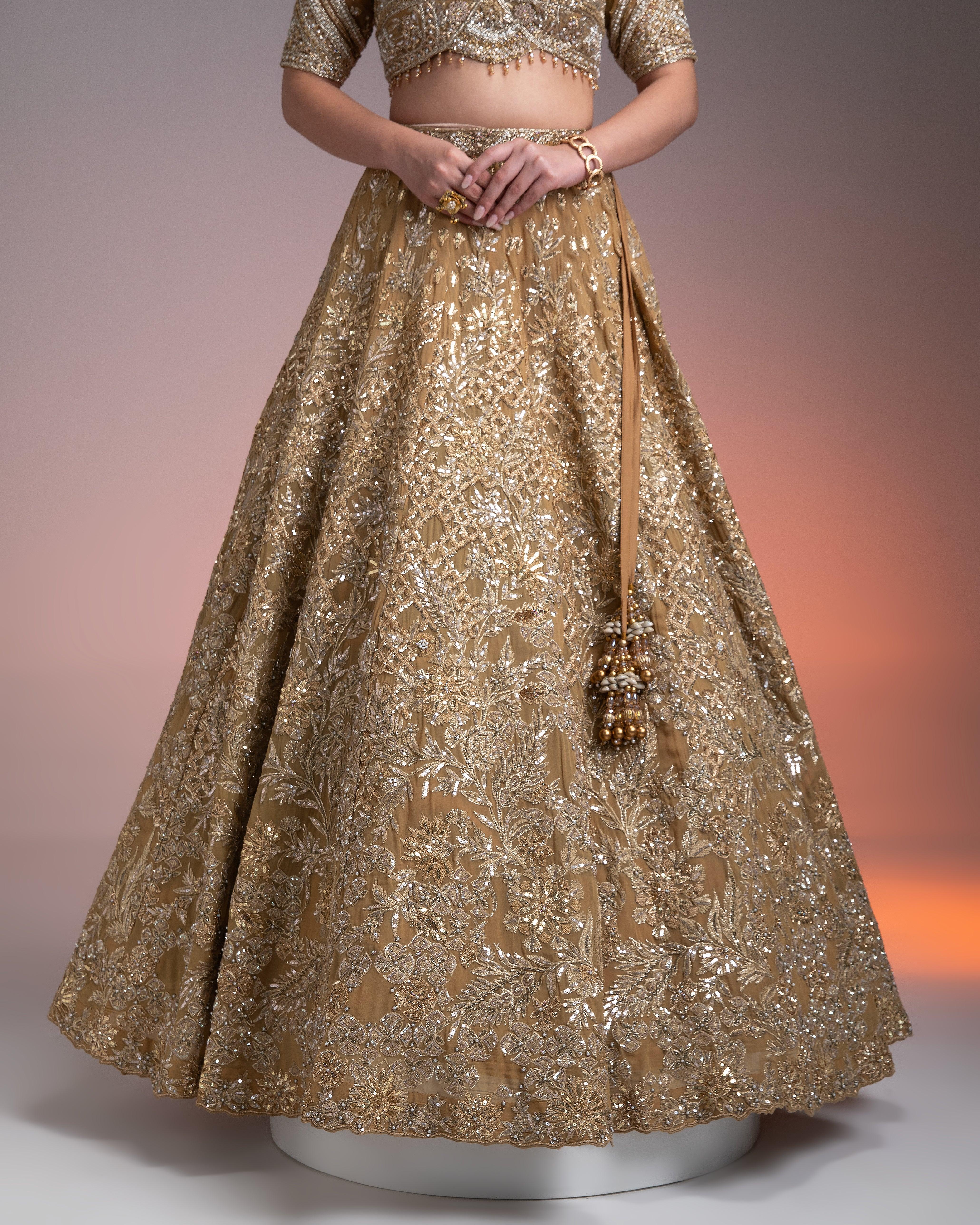 Golden Net Lehenga Set With Intricate Sequin And Thread Embroidery - Mokshaa