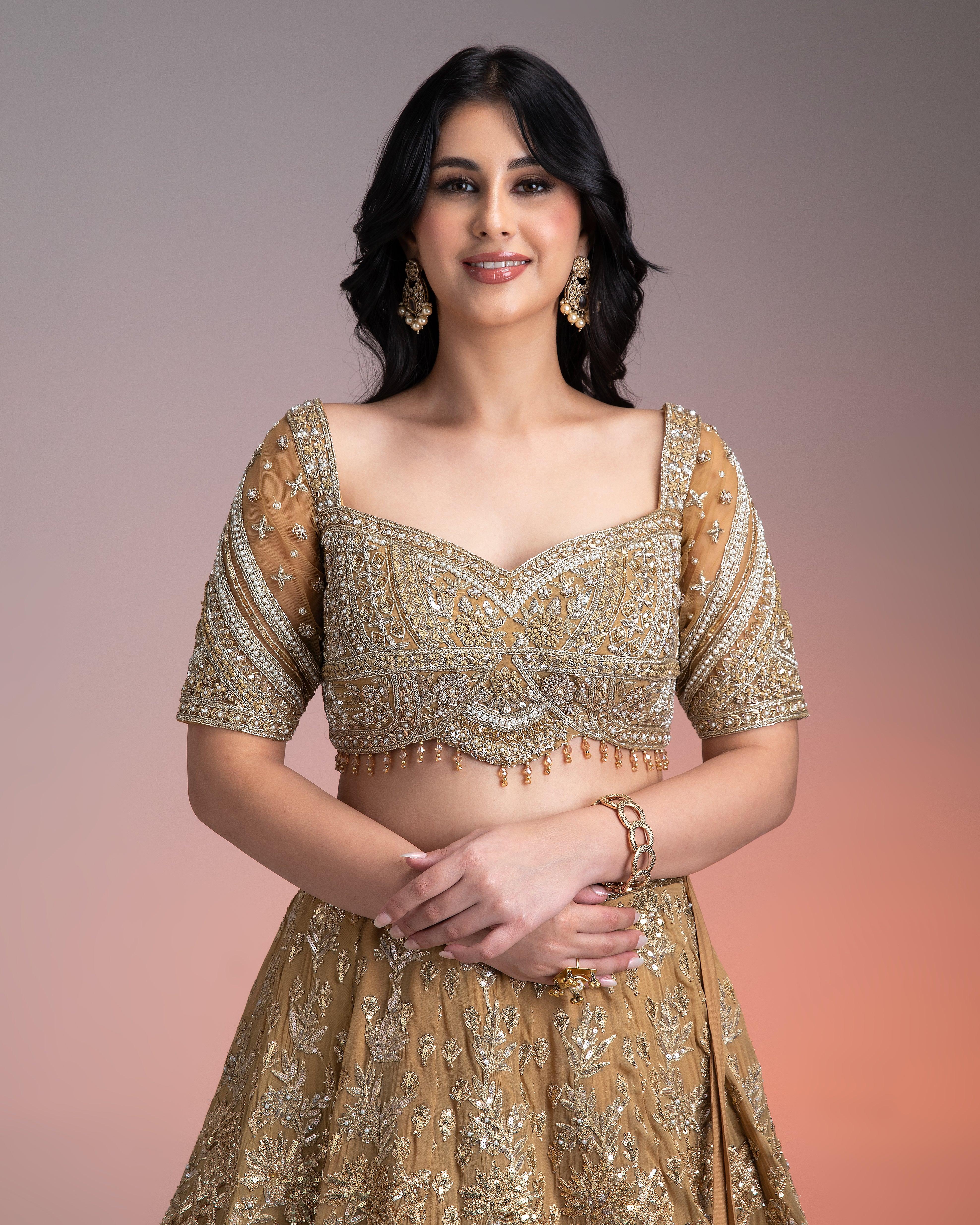 Golden Net Lehenga Set With Intricate Sequin And Thread Embroidery - Mokshaa