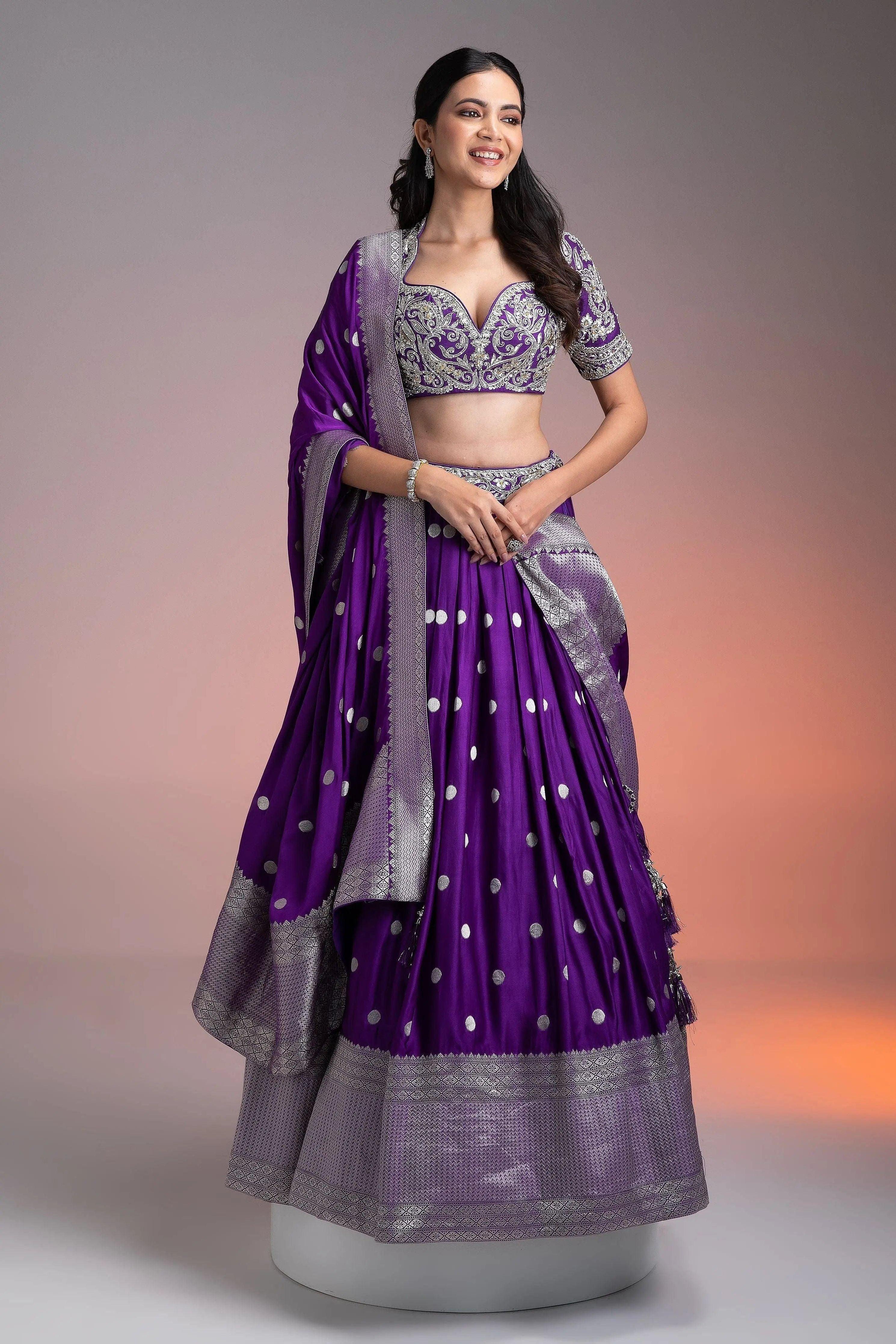 Deep Purple Silk Lehenga With Silver Brocade And Banarasi Dupatta | Lehenga | Mokshaa