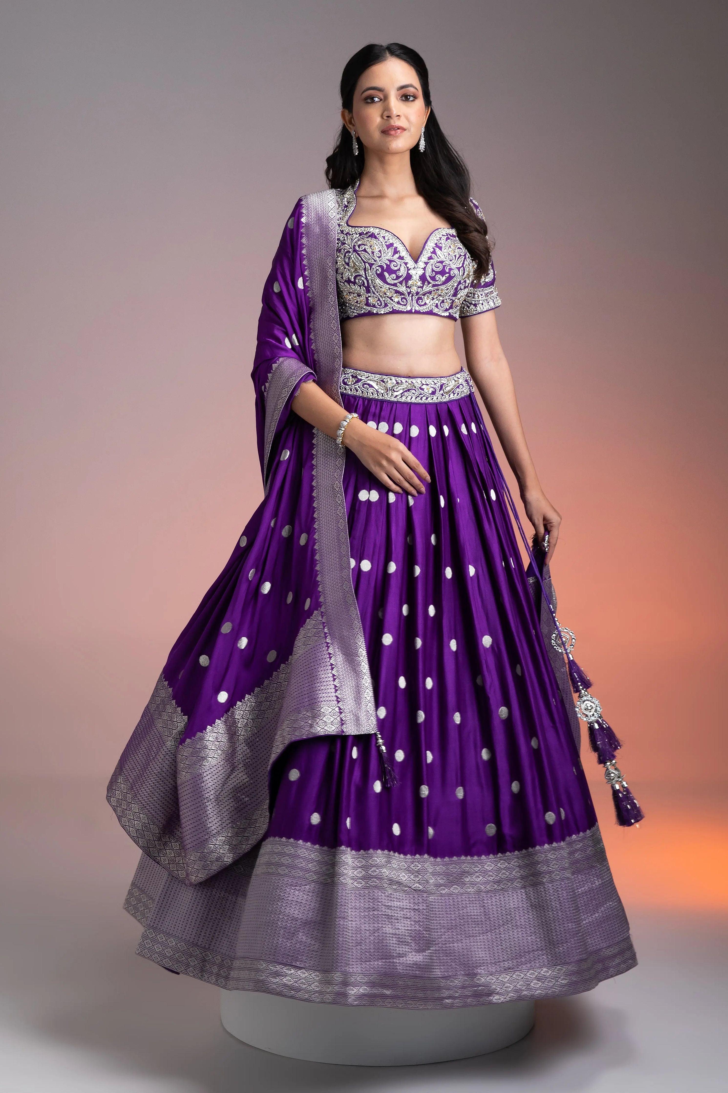 Deep Purple Silk Lehenga With Silver Brocade And Banarasi Dupatta | Lehenga | Mokshaa