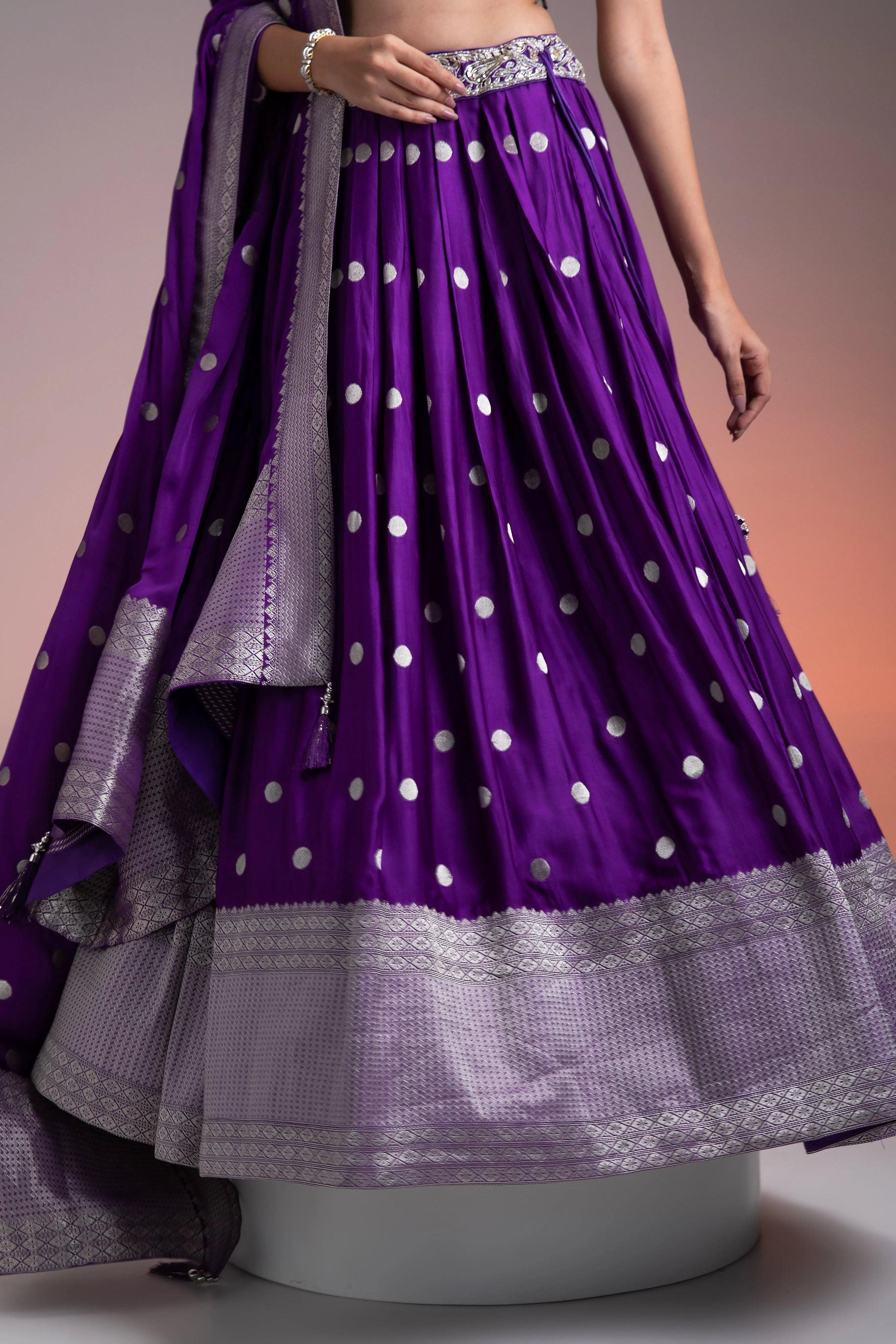 Deep Purple Silk Lehenga With Silver Brocade And Banarasi Dupatta | Lehenga | Mokshaa
