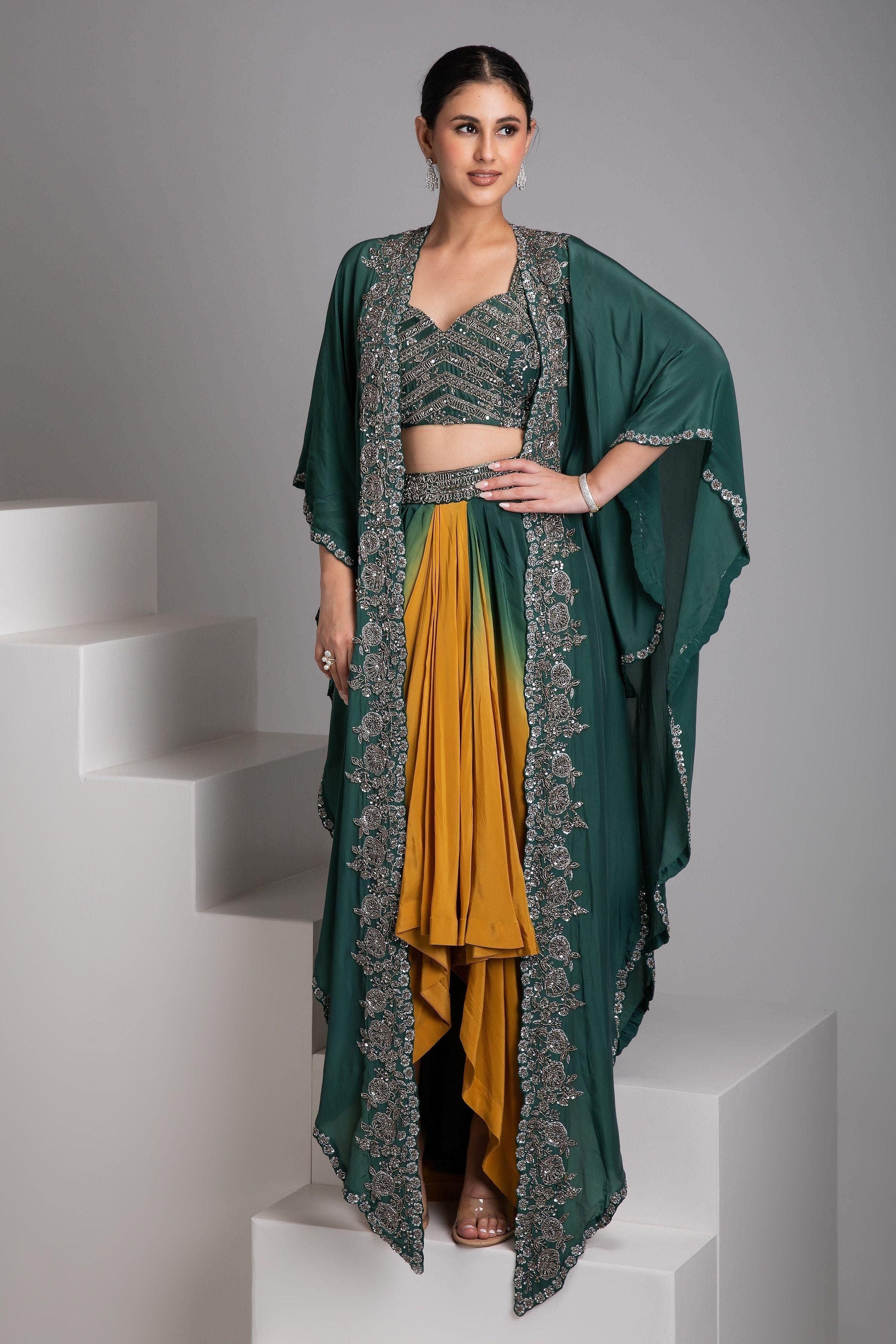 Emerald Green And Mustard Cape Set - Mokshaa