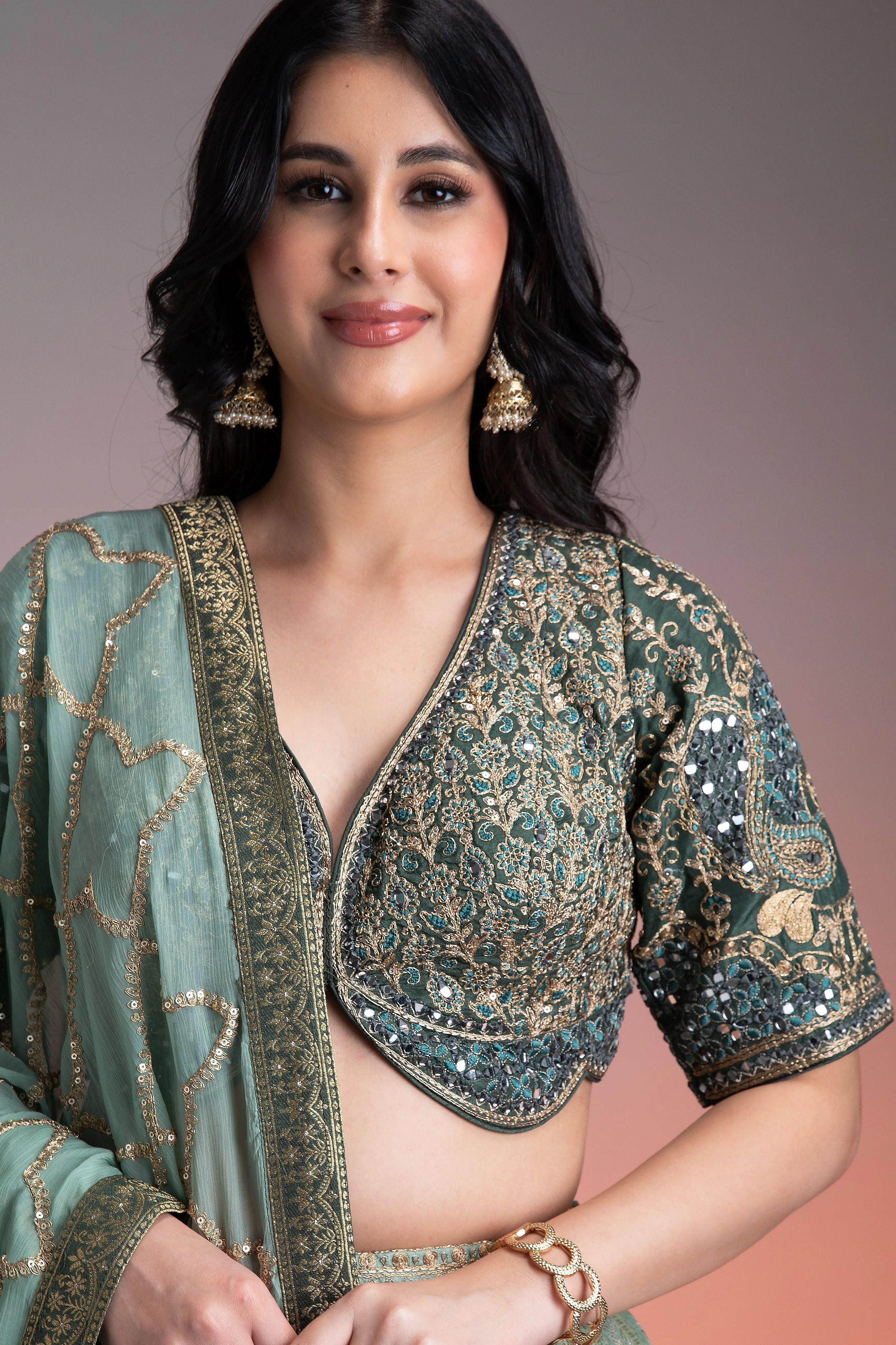 Sage Green Shaded Banarasi Silk Lehenga - Mokshaa