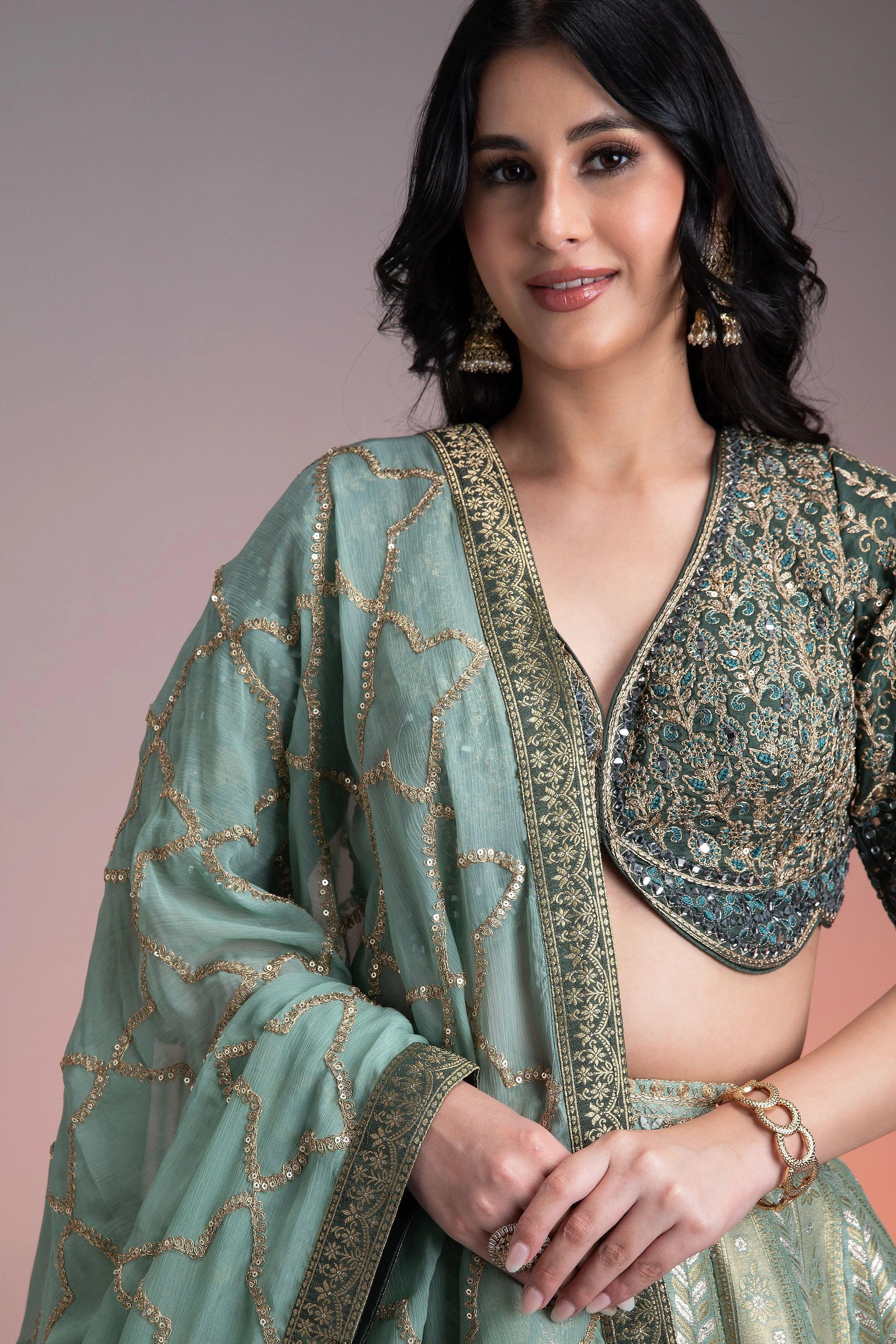 Sage Green Shaded Banarasi Silk Lehenga - Mokshaa