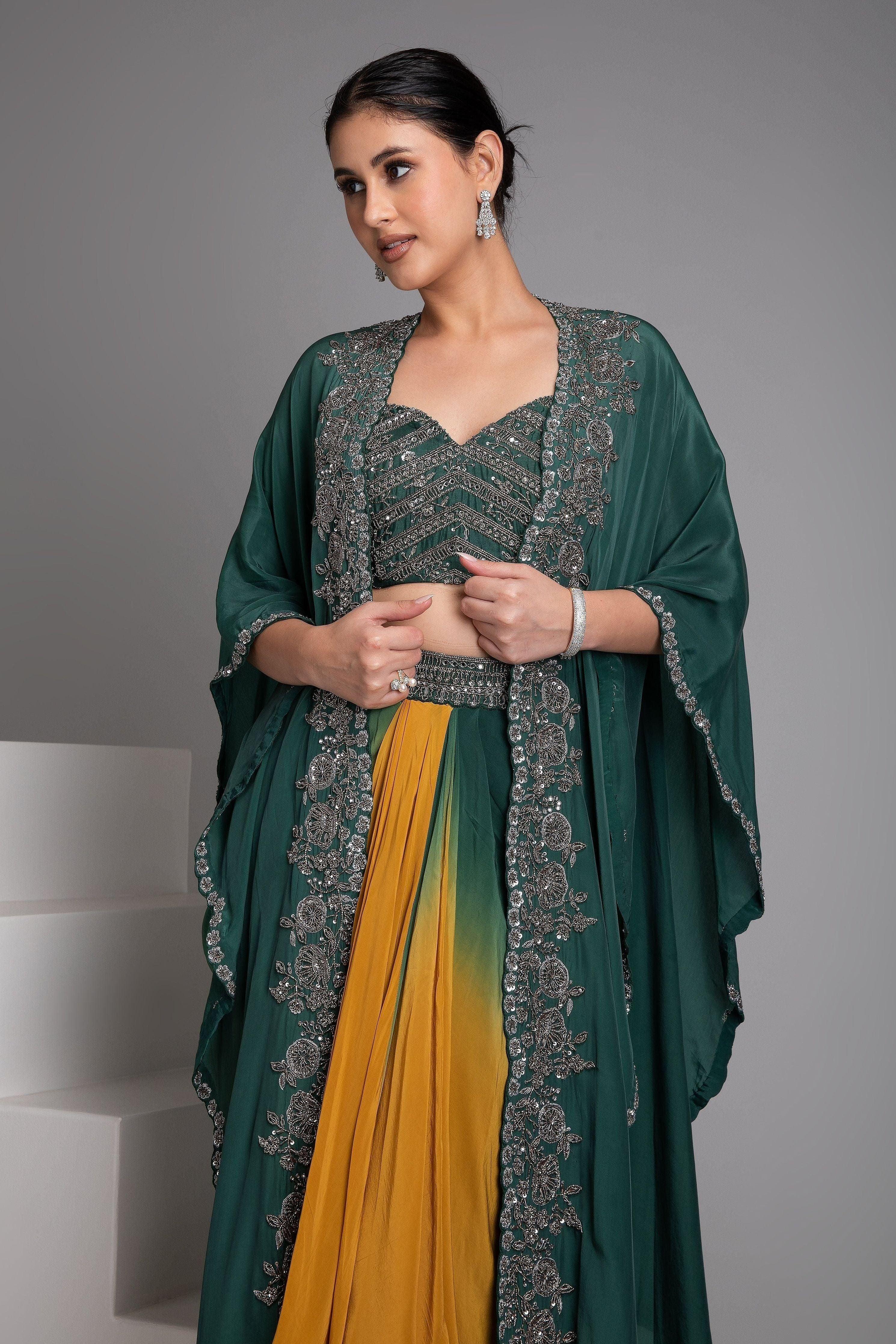 Emerald Green And Mustard Cape Set - Mokshaa