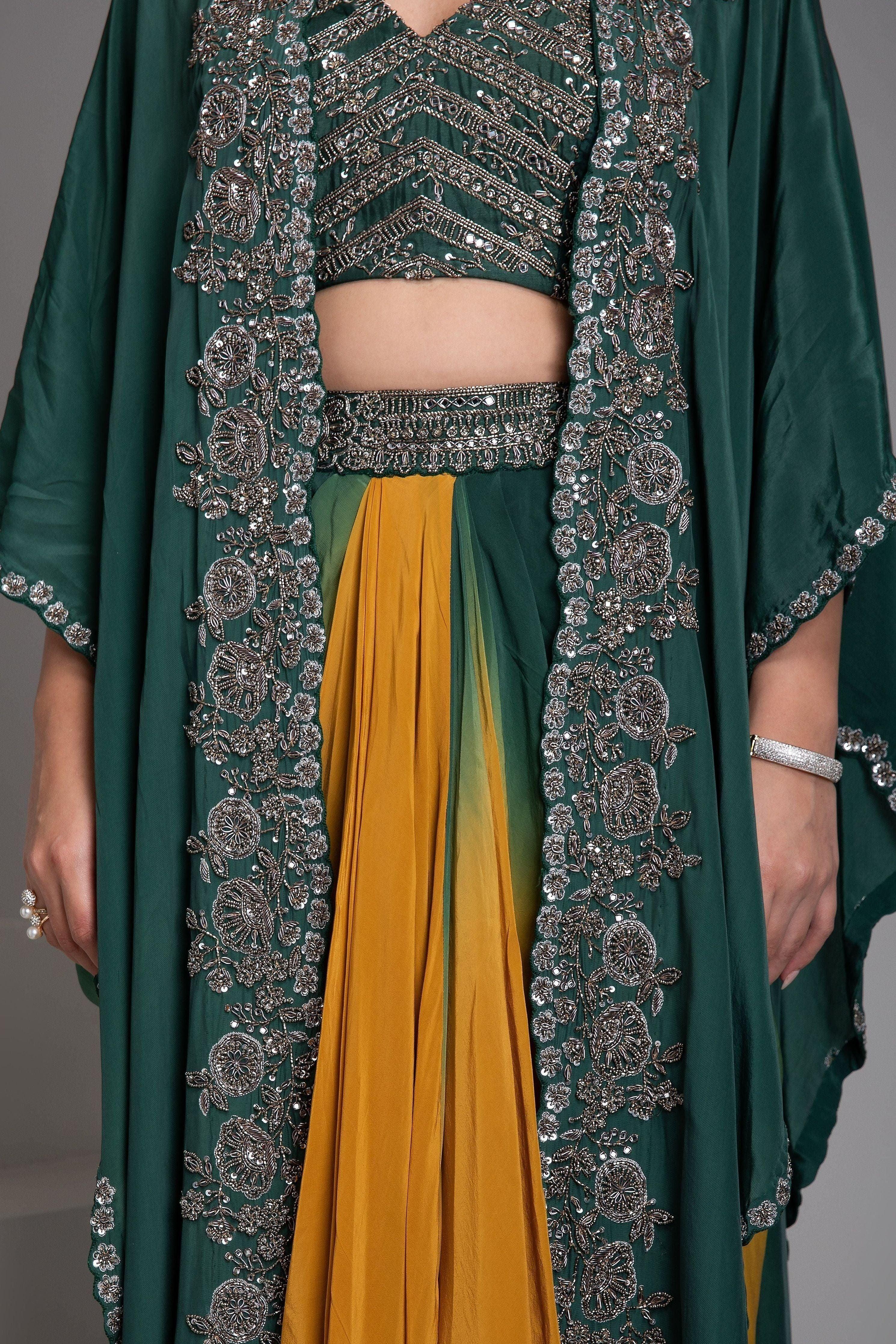Emerald Green And Mustard Cape Set - Mokshaa