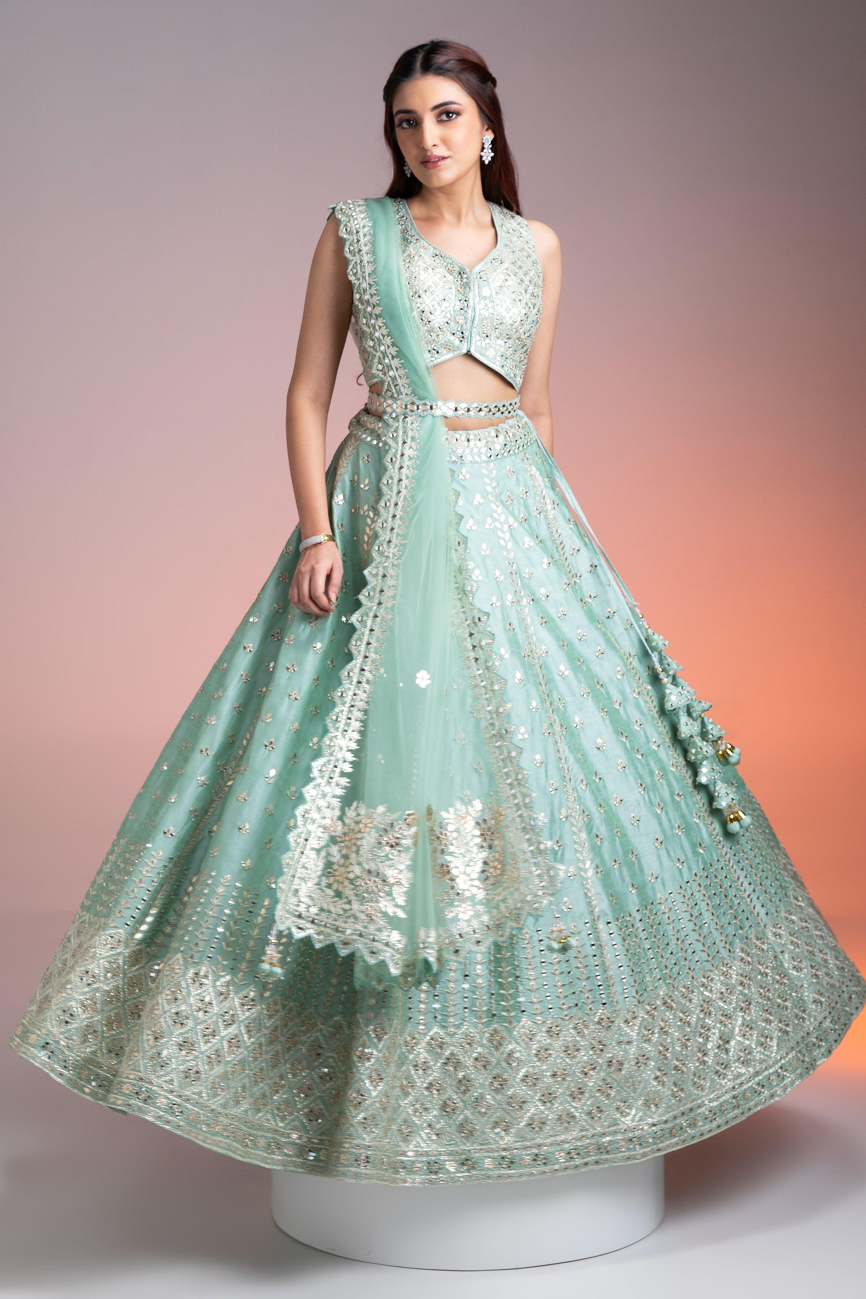 Mint Green Raw Silk Lehenga - Mokshaa