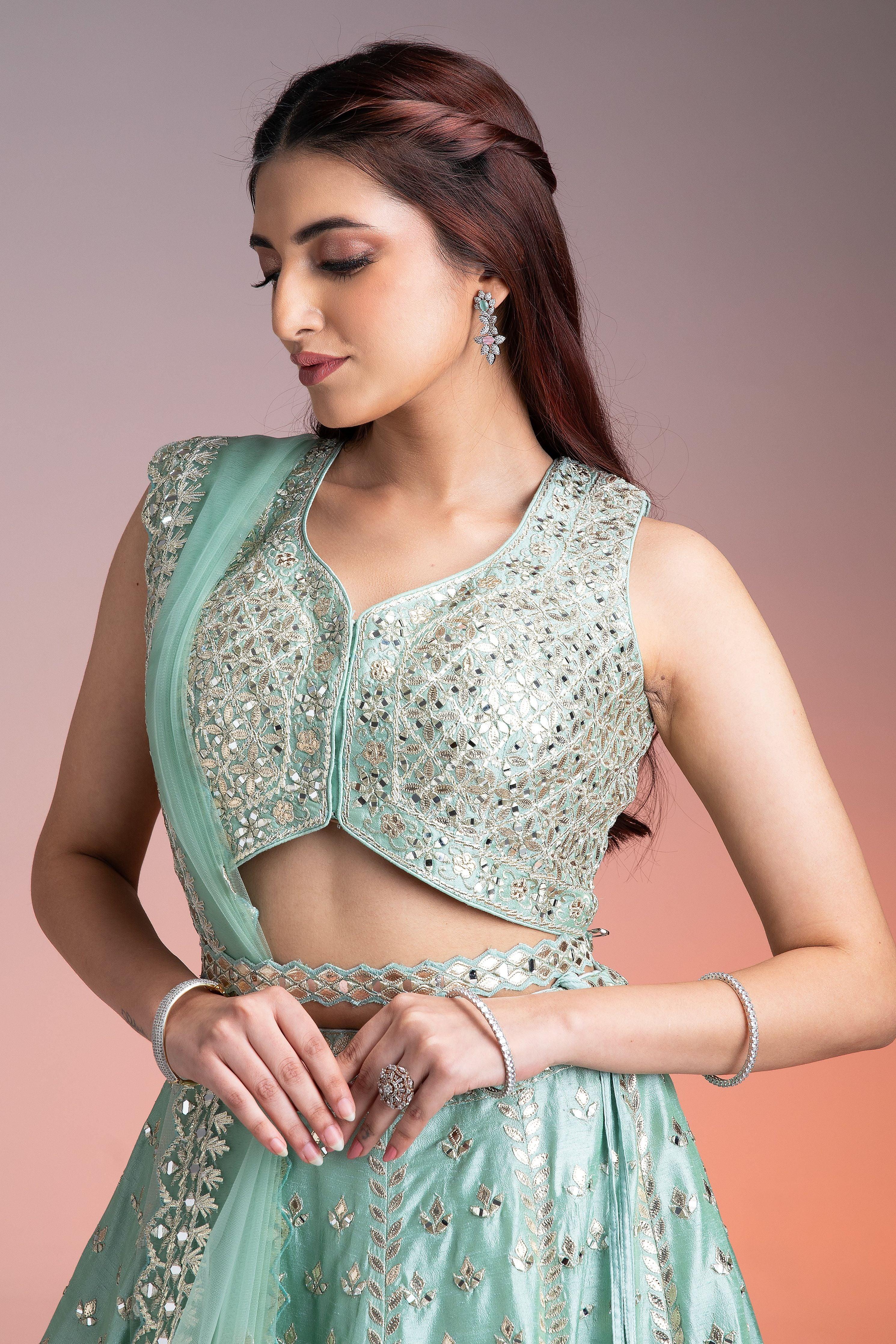 Mint Green Raw Silk Lehenga - Mokshaa