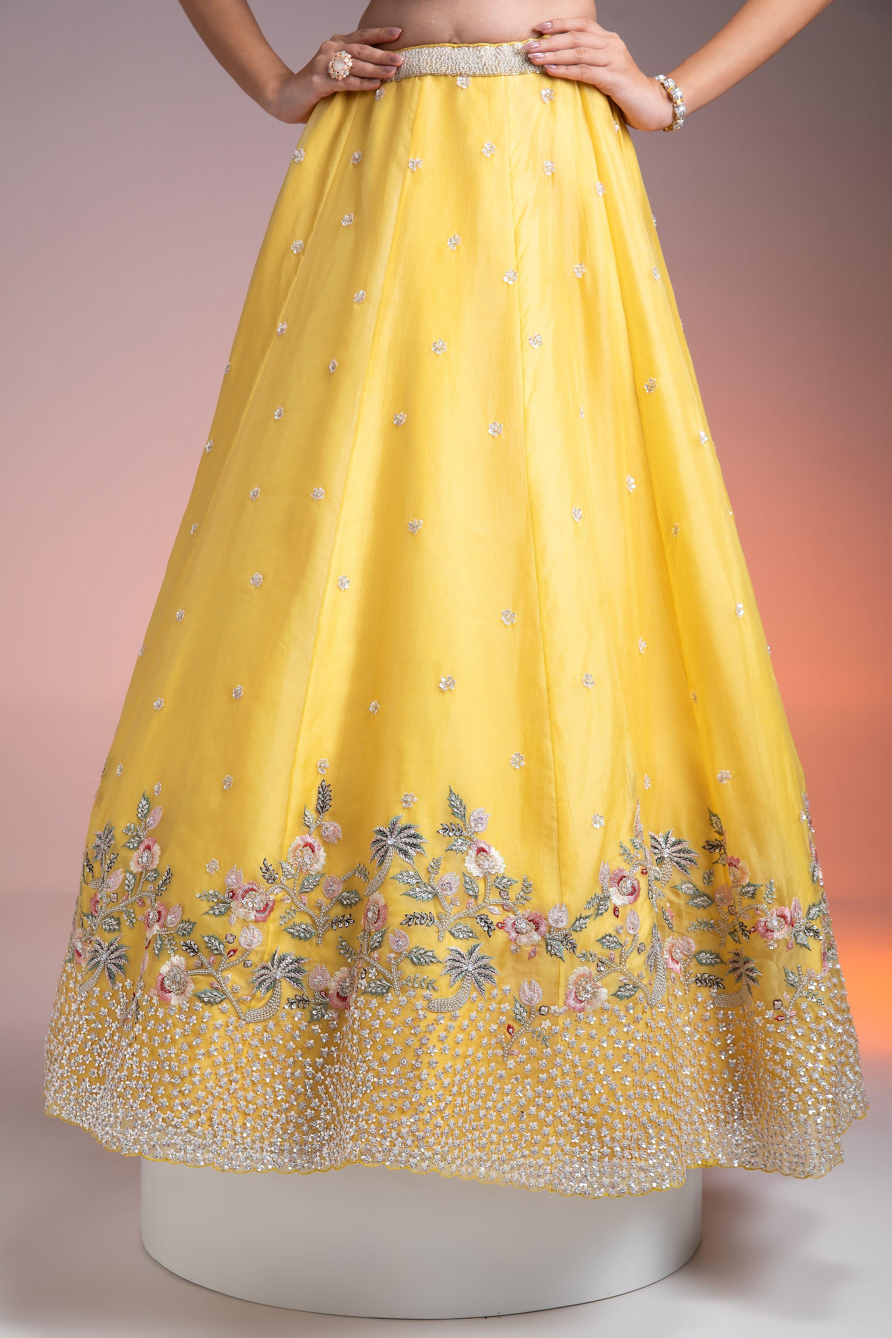 Vibrant Yellow Organza Lehenga With Multicolor Floral Threadwork And Sequins - Mokshaa