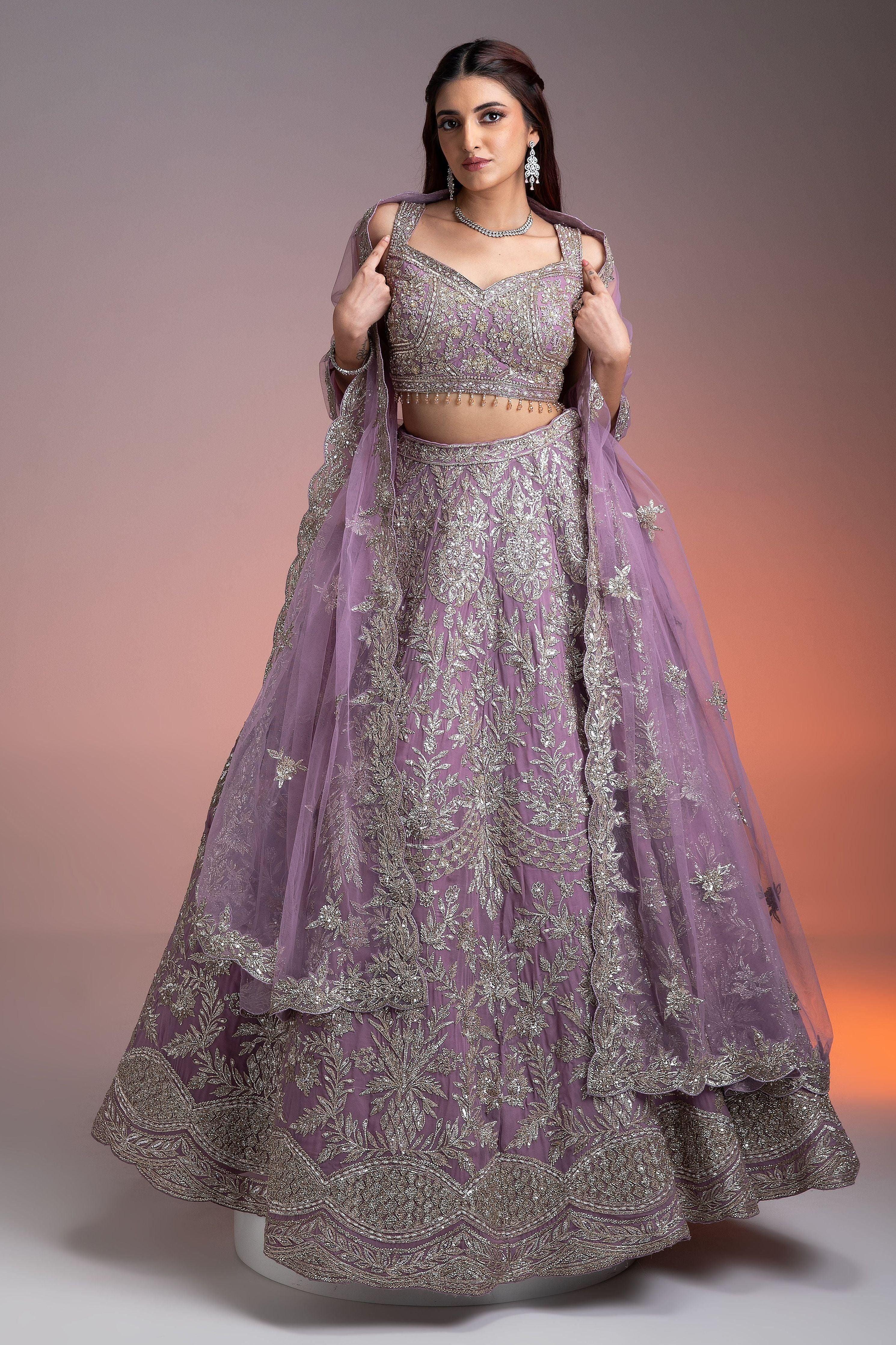 Stunning Lavender Georgette Lehenga With Silver Embroidery - Mokshaa