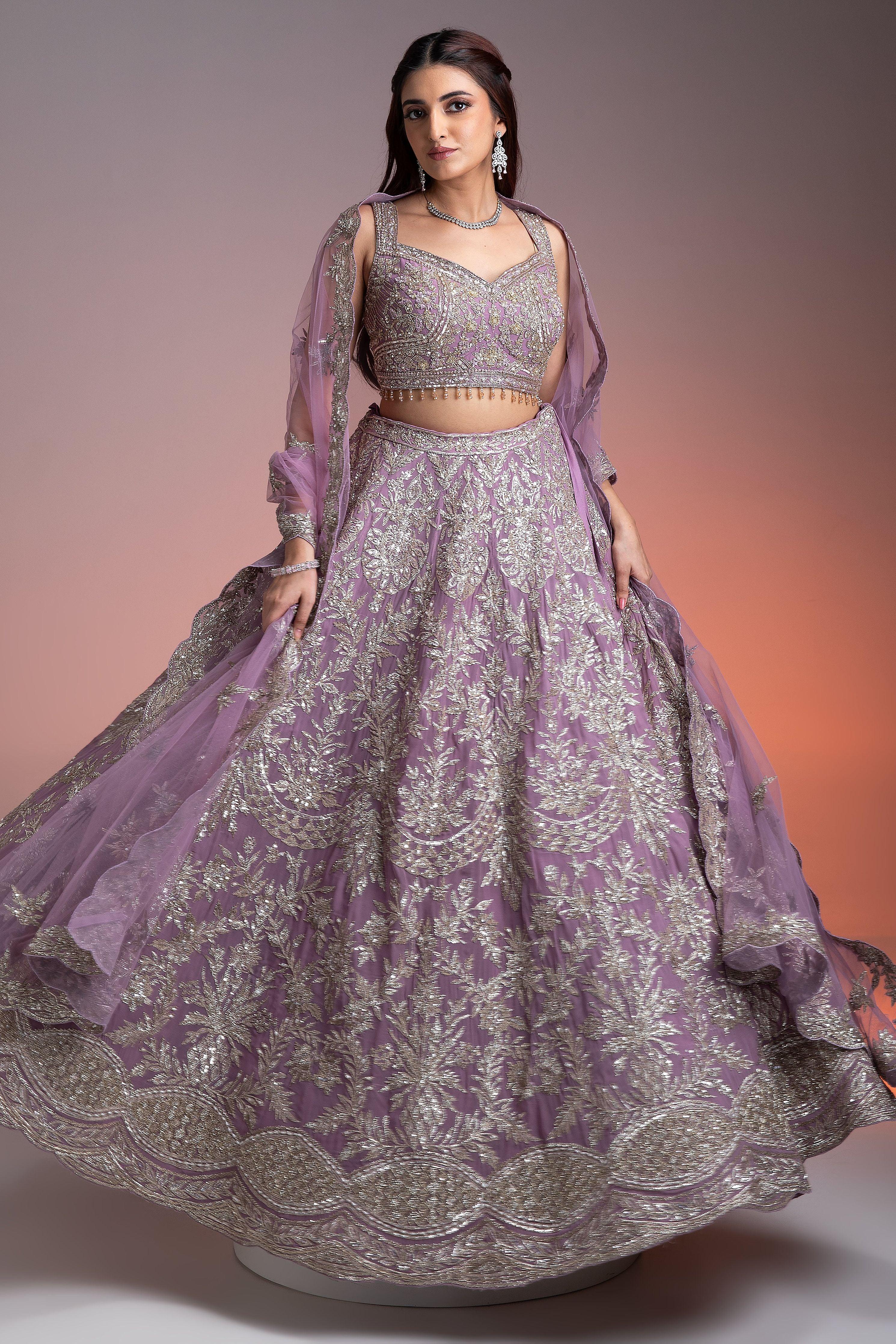 Stunning Lavender Georgette Lehenga With Silver Embroidery - Mokshaa