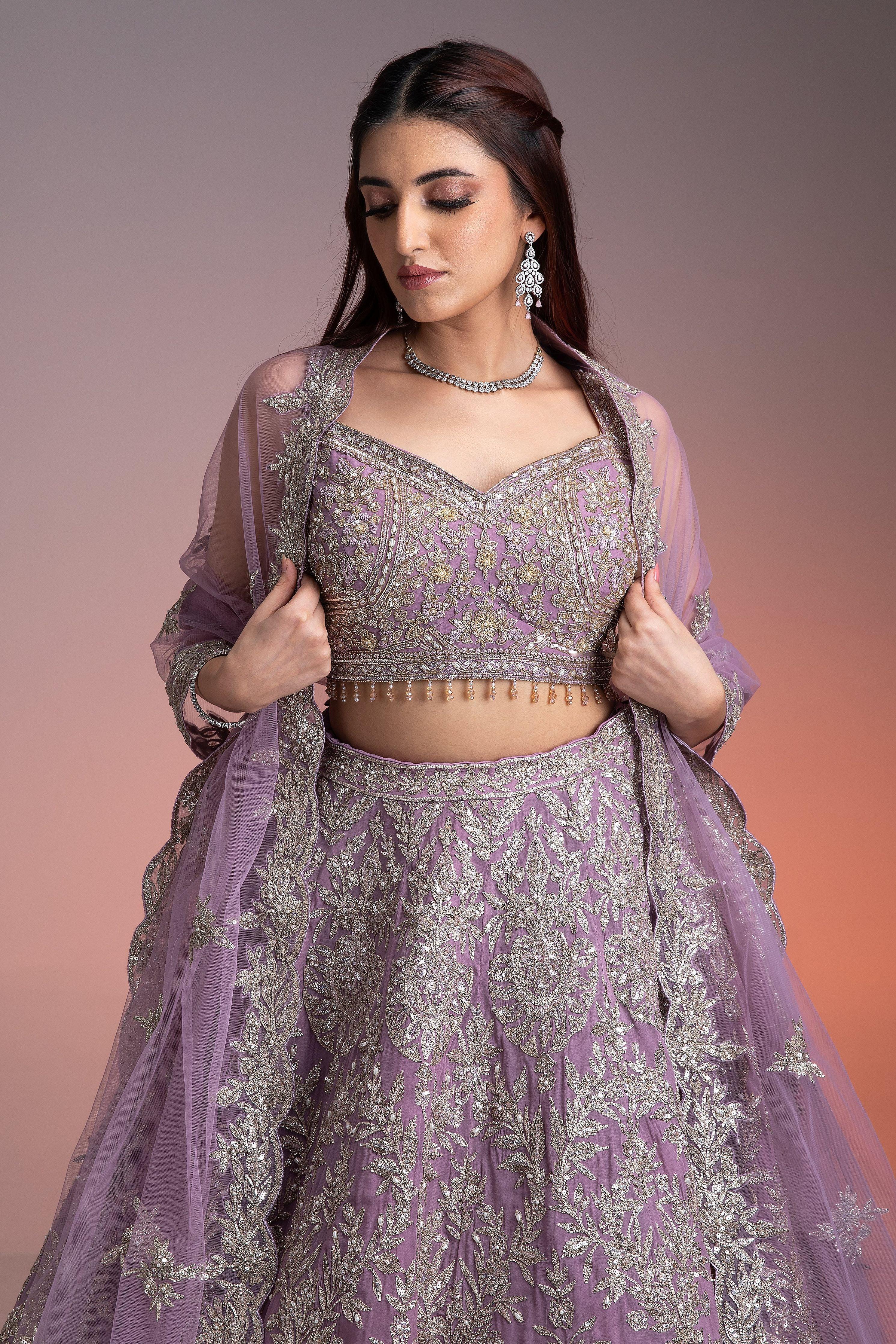 Stunning Lavender Georgette Lehenga With Silver Embroidery - Mokshaa