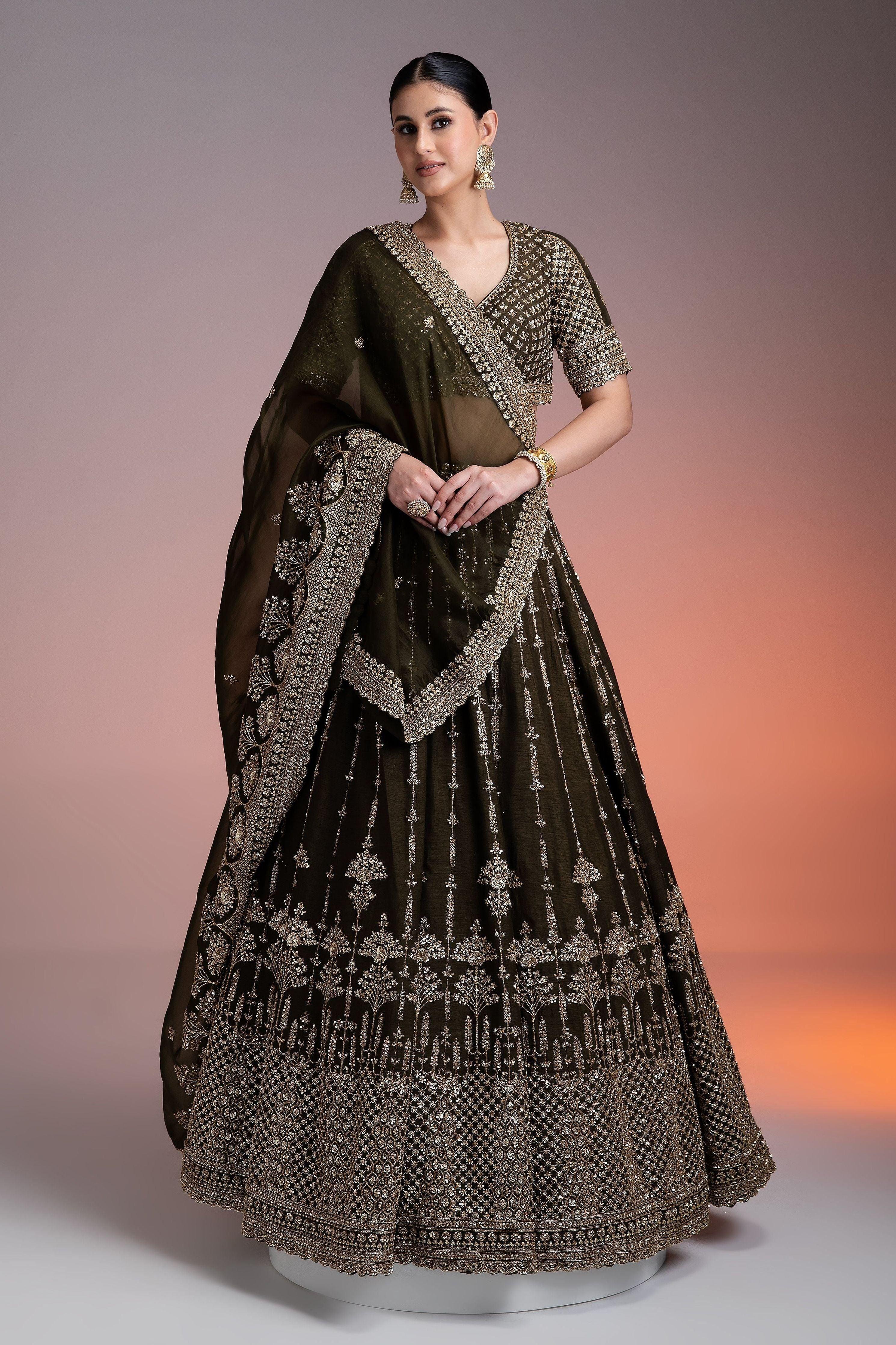 Olive Green Silk Lehenga With Gold Zari And Organza Dupatta - Mokshaa