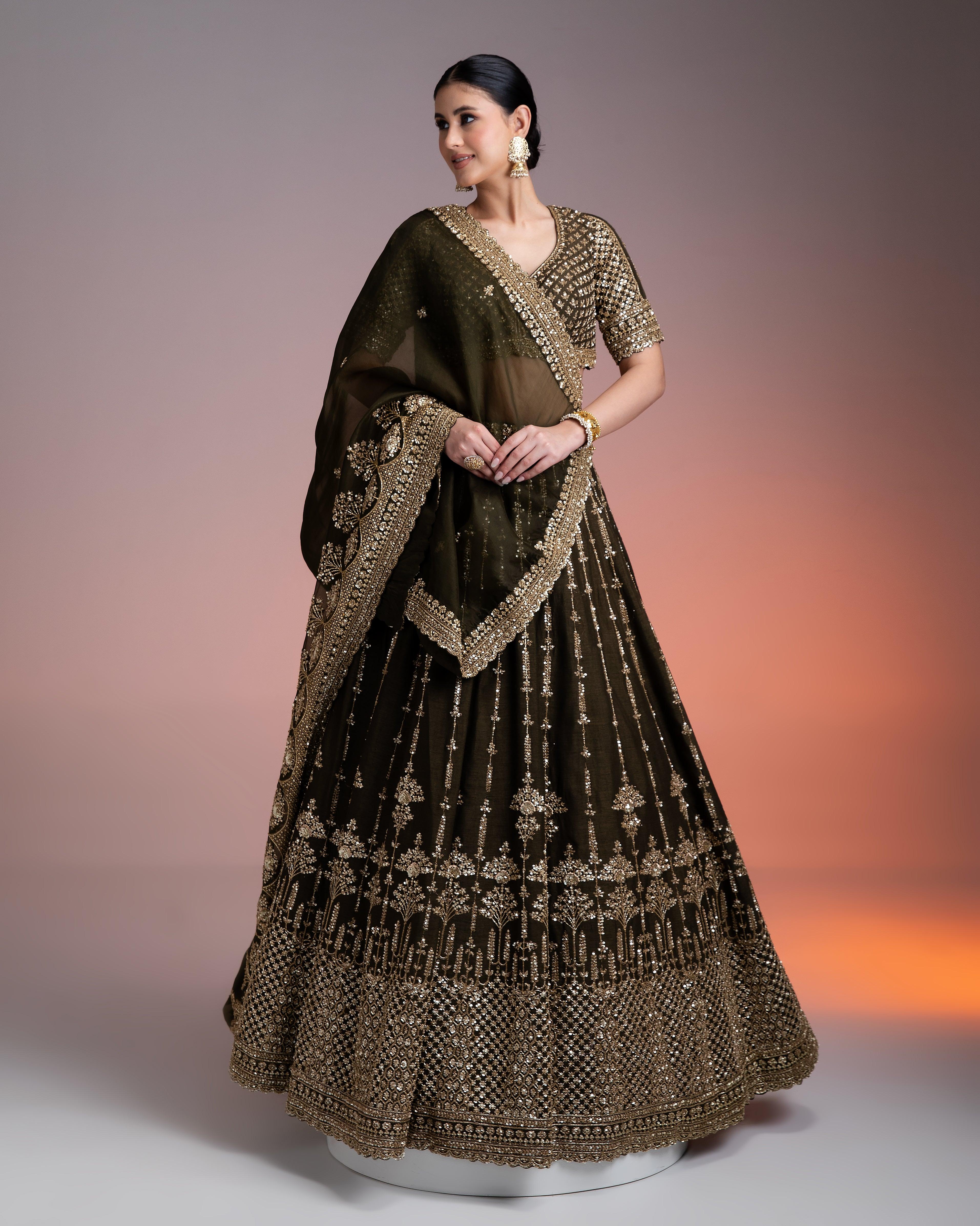 Olive Green Silk Lehenga With Gold Zari And Organza Dupatta - Mokshaa