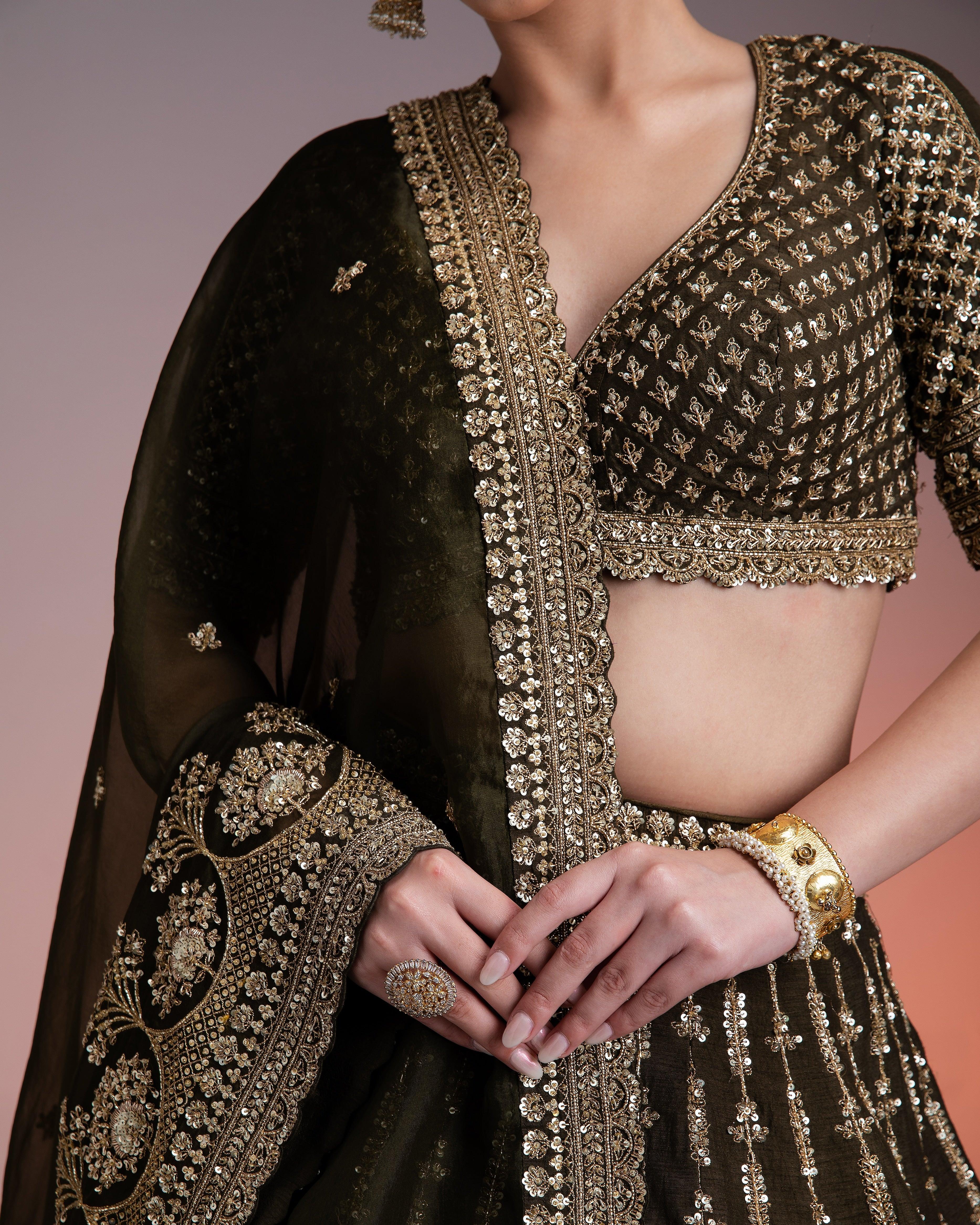 Olive Green Silk Lehenga With Gold Zari And Organza Dupatta - Mokshaa