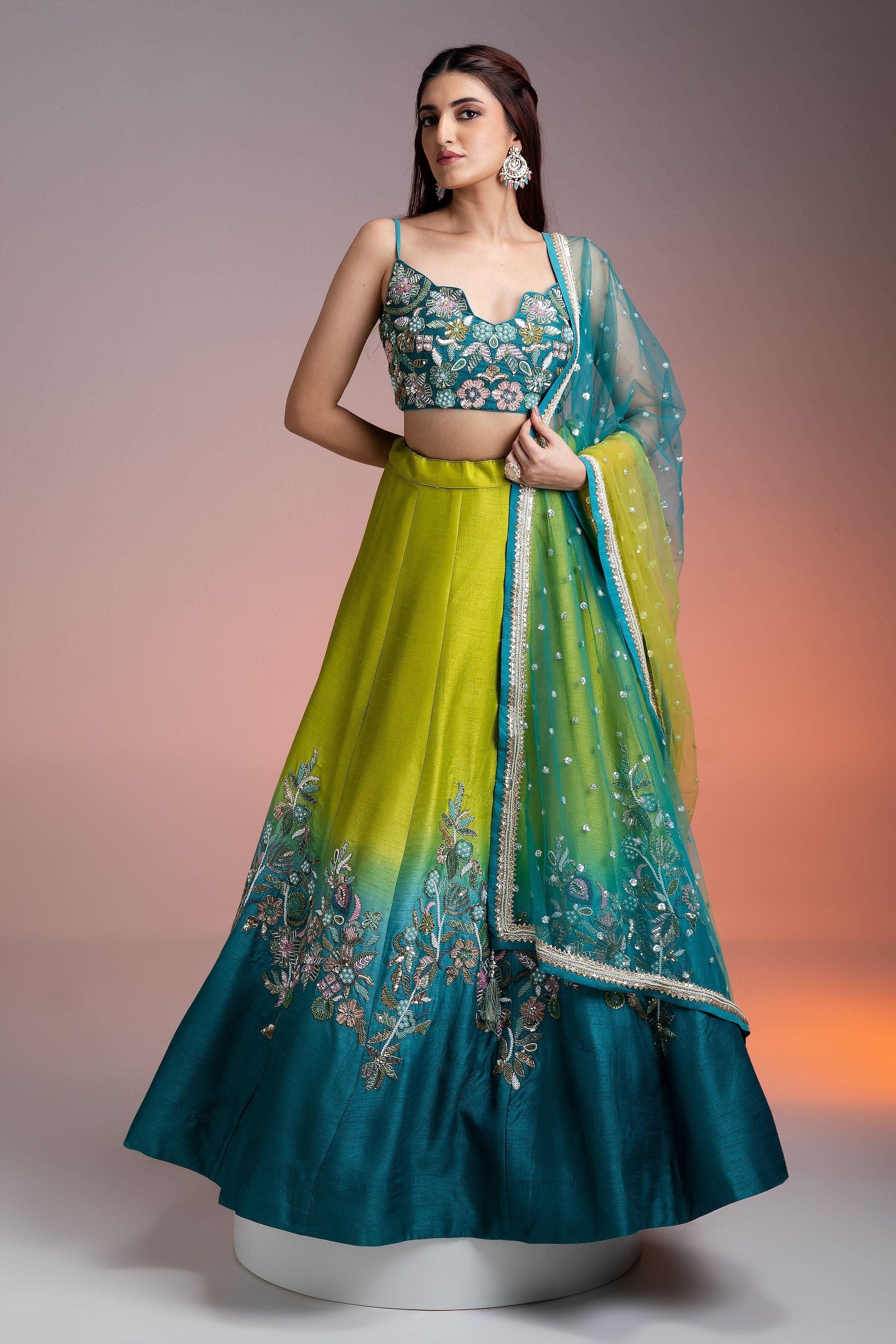 Green Blue Ombre Silk Lehenga With Floral Threadwork And Net Dupatta - Mokshaa