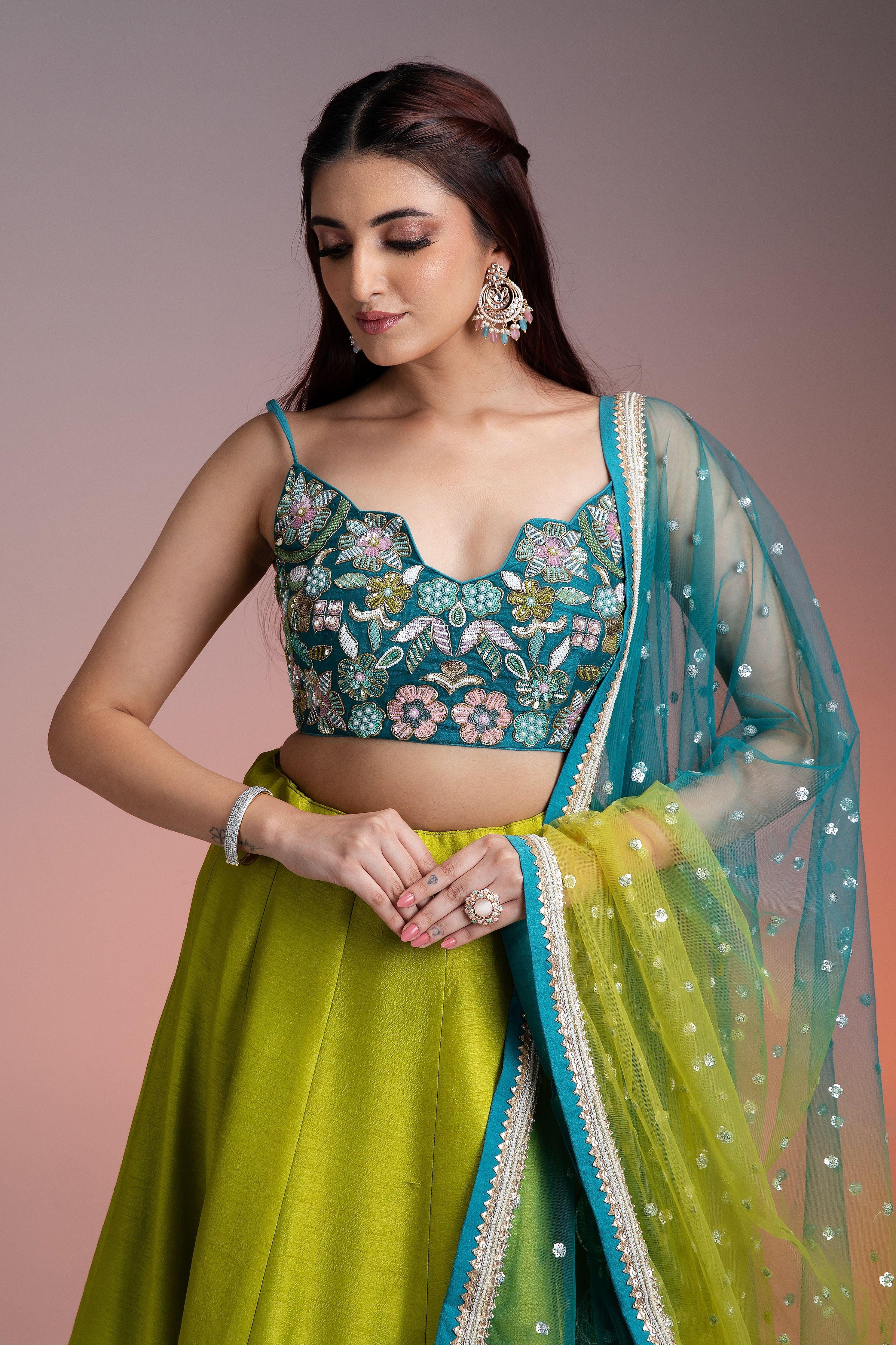 Green Blue Ombre Silk Lehenga With Floral Threadwork And Net Dupatta - Mokshaa