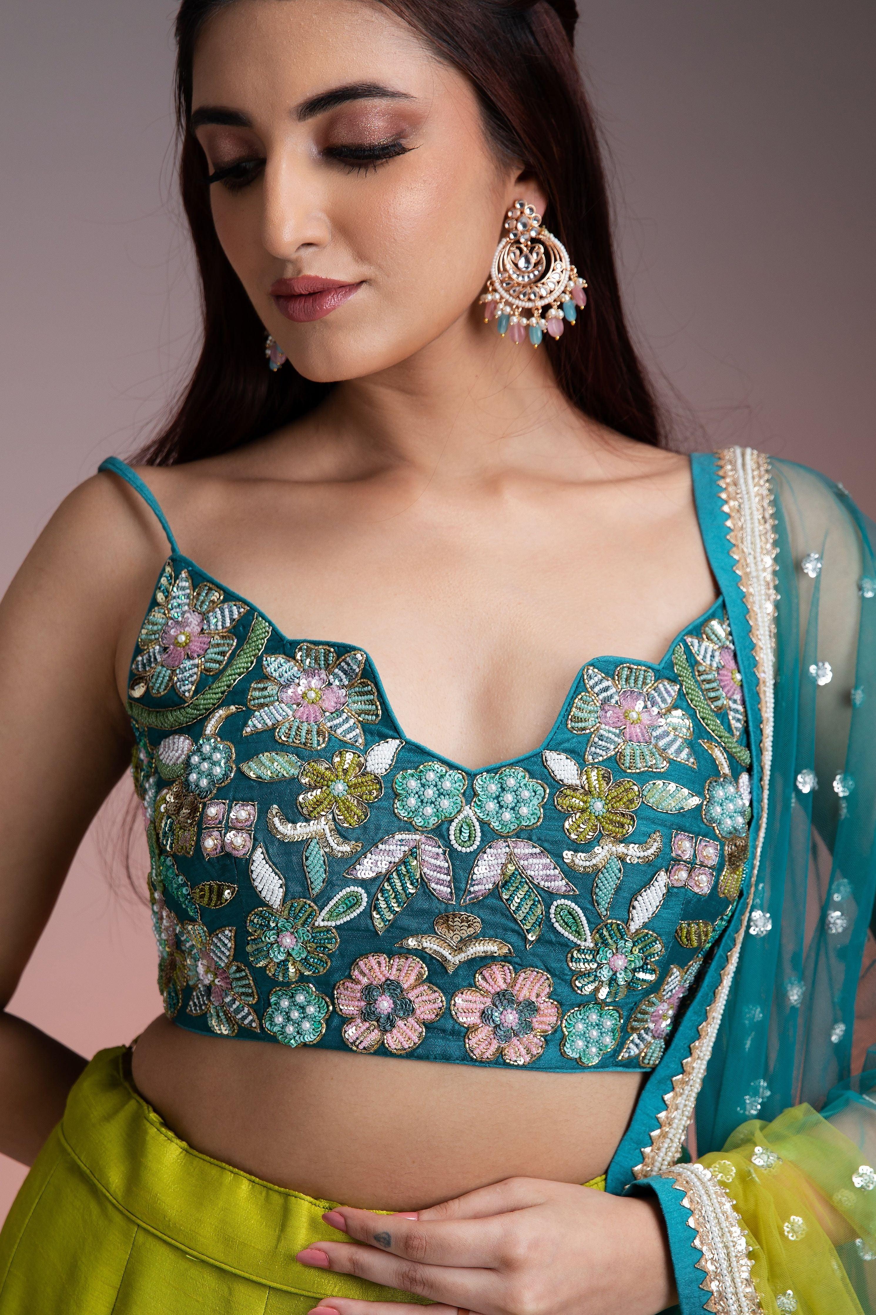 Green Blue Ombre Silk Lehenga With Floral Threadwork And Net Dupatta - Mokshaa