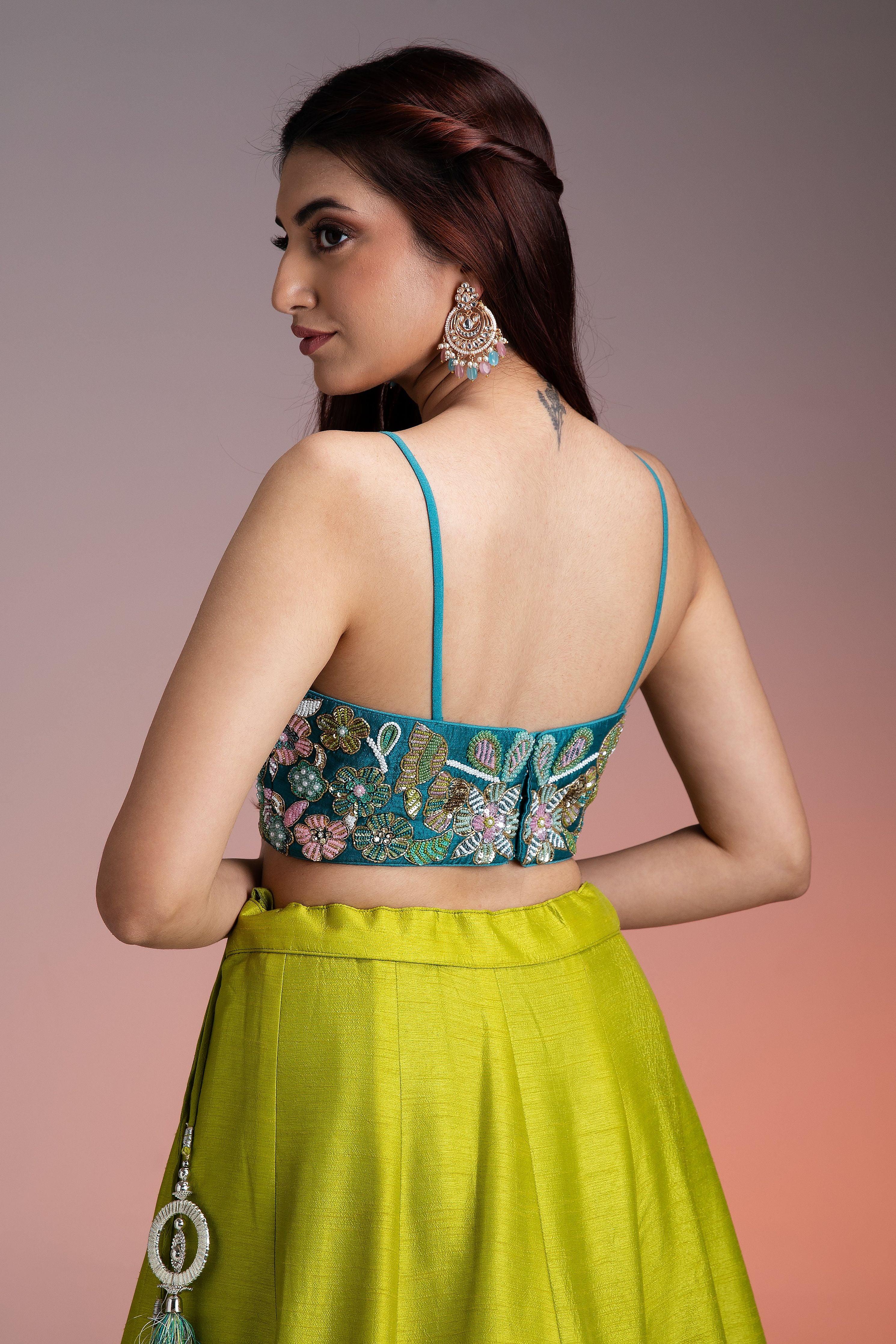 Green Blue Ombre Silk Lehenga With Floral Threadwork And Net Dupatta - Mokshaa