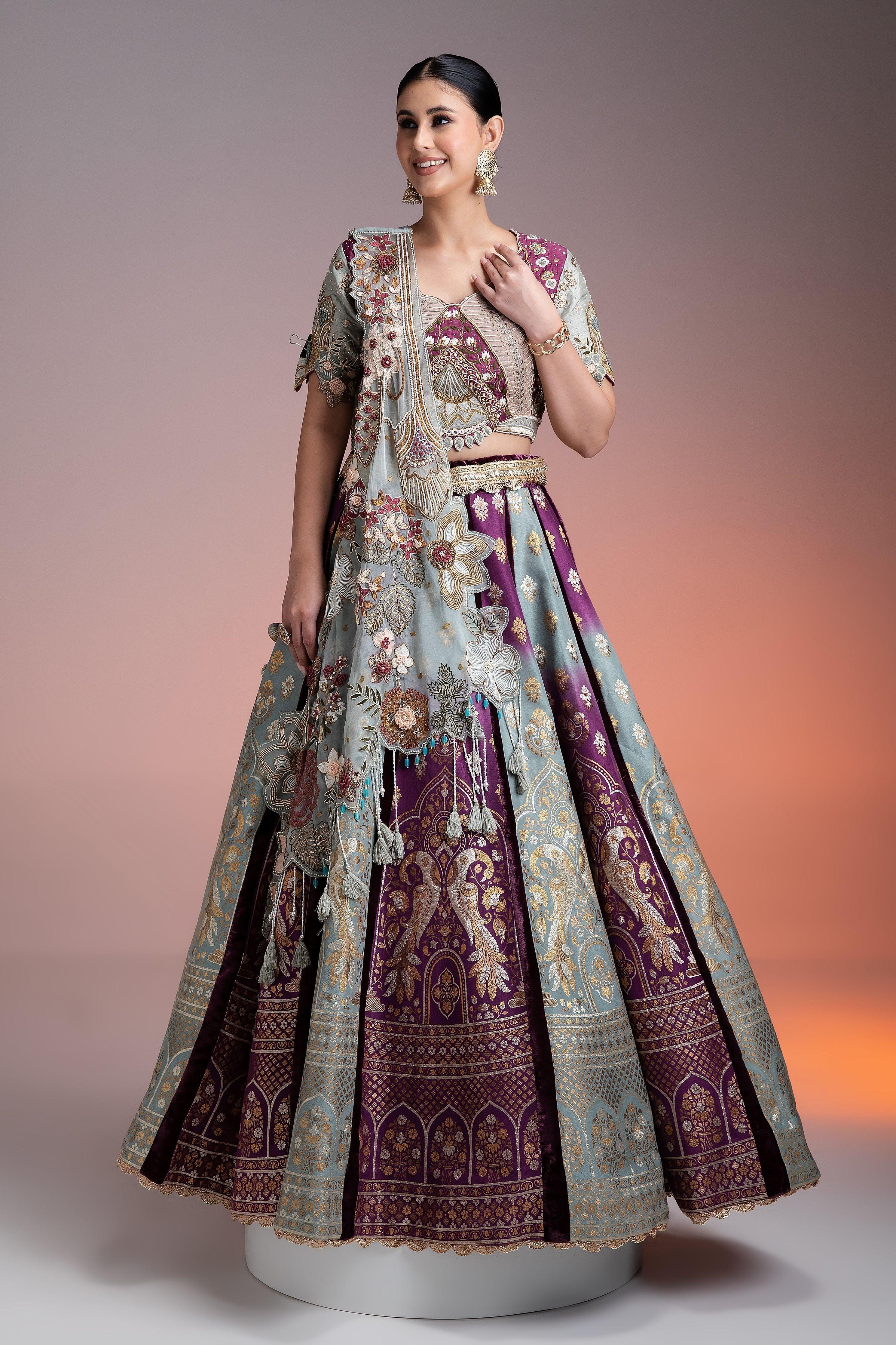Silk Brocade Lehenga In Muted Pastels And Maroon With Floral Threadwork And Velvet Accents - Mokshaa