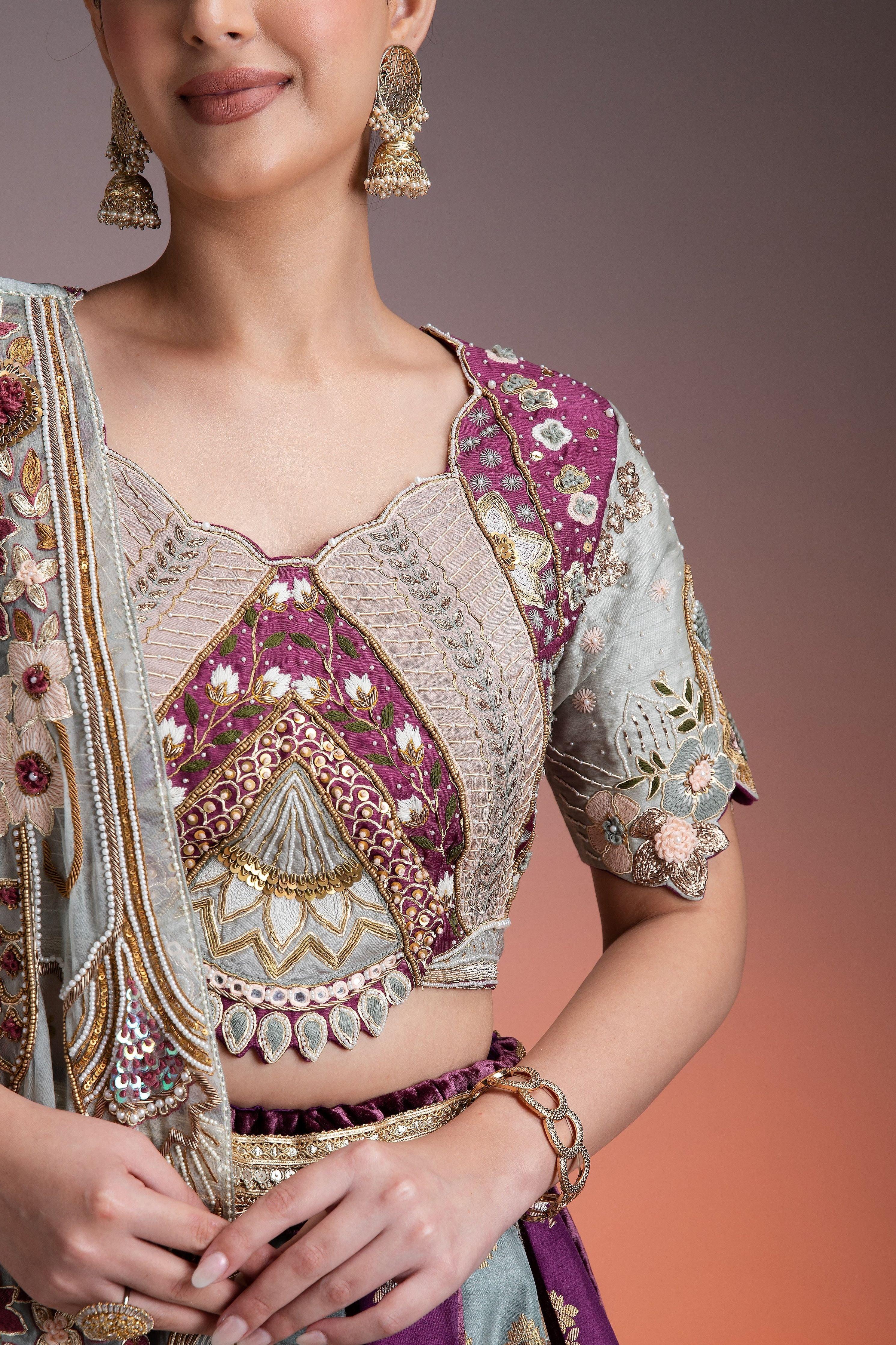Silk Brocade Lehenga In Muted Pastels And Maroon With Floral Threadwork And Velvet Accents - Mokshaa