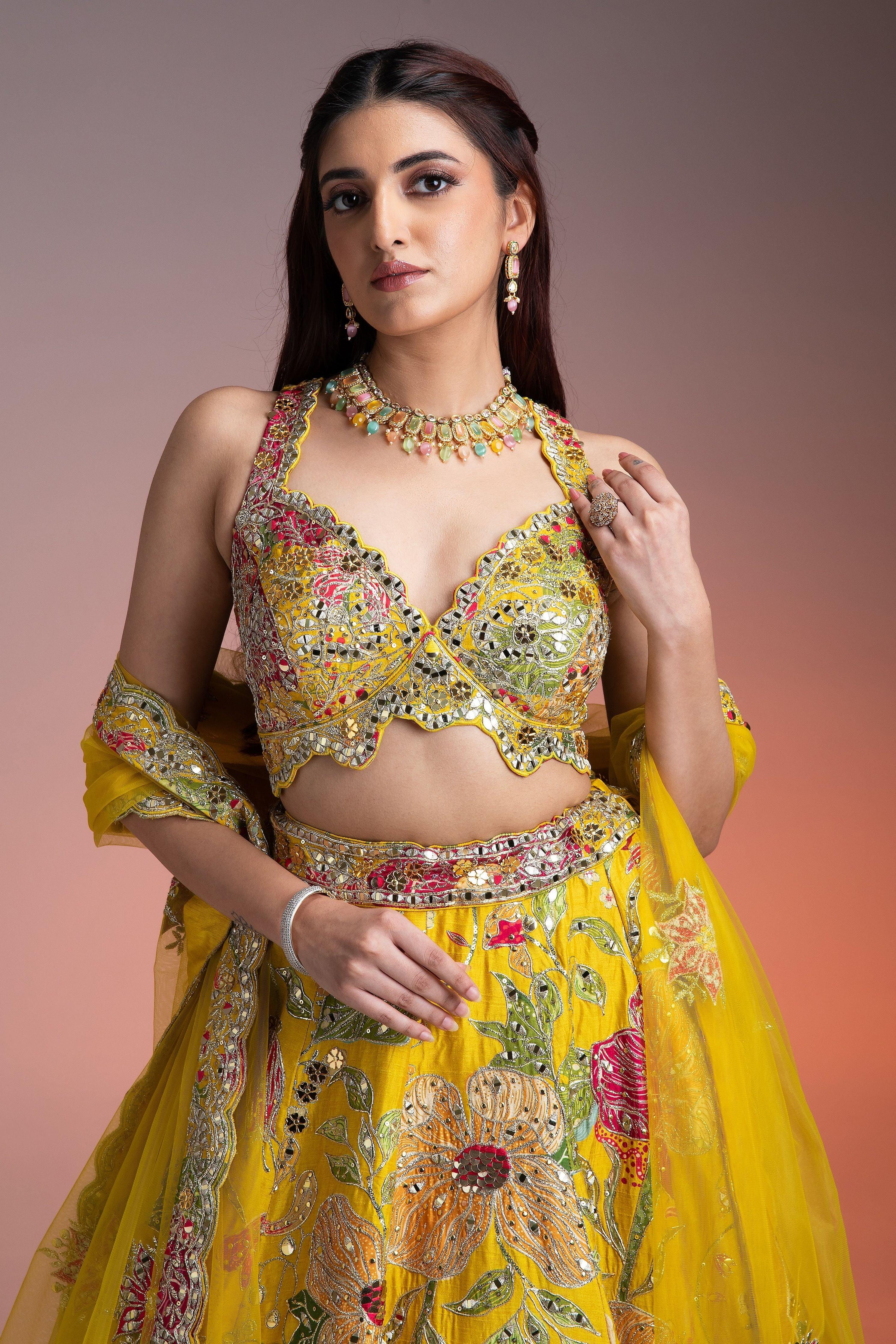 Bright Yellow Silk Lehenga With Multicolor Floral Print And Mirror Embellishments - Mokshaa