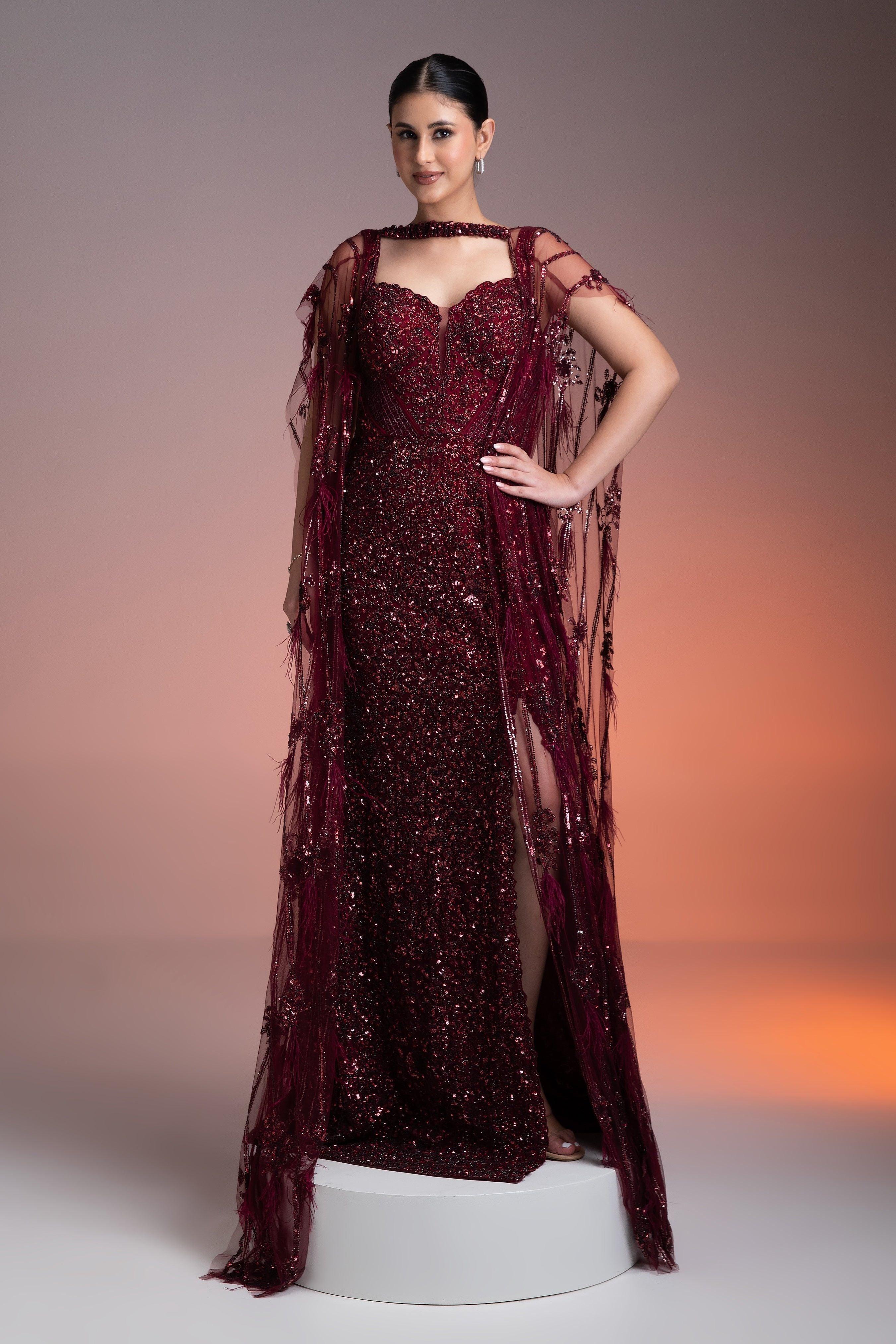 Maroon Sequined Gown With Sheer Cape - Mokshaa