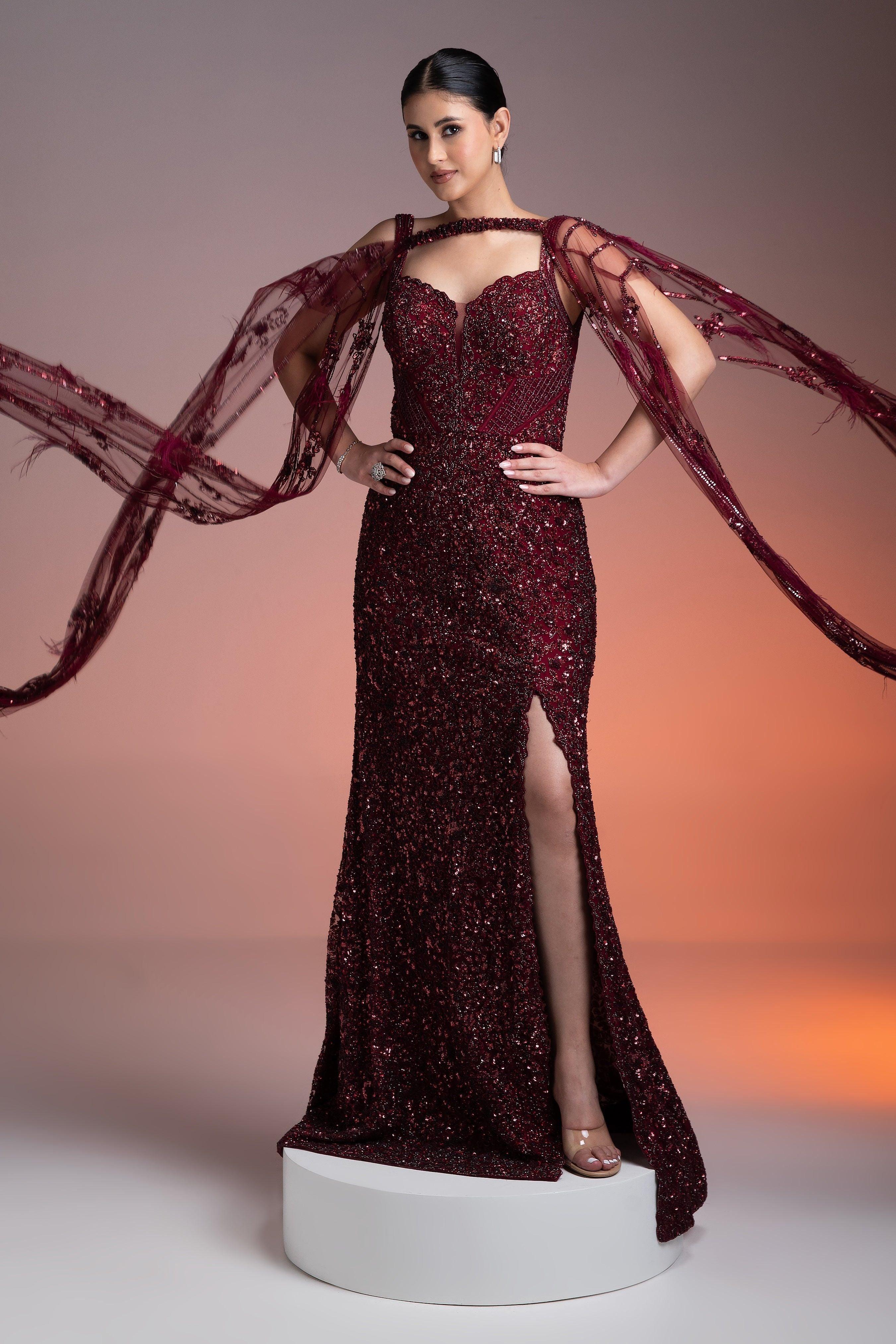 Maroon Sequined Gown With Sheer Cape - Mokshaa