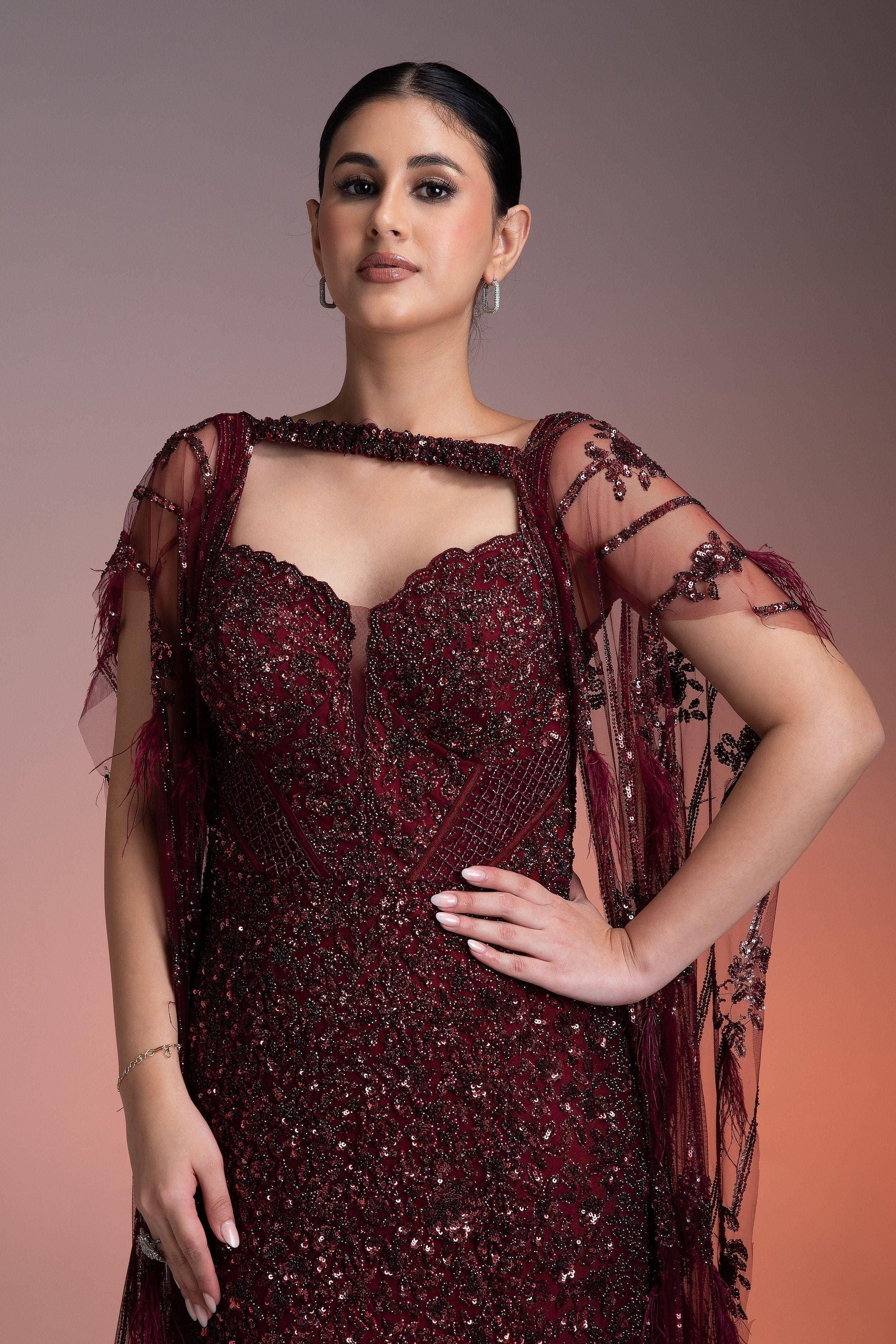 Maroon Sequined Gown With Sheer Cape - Mokshaa