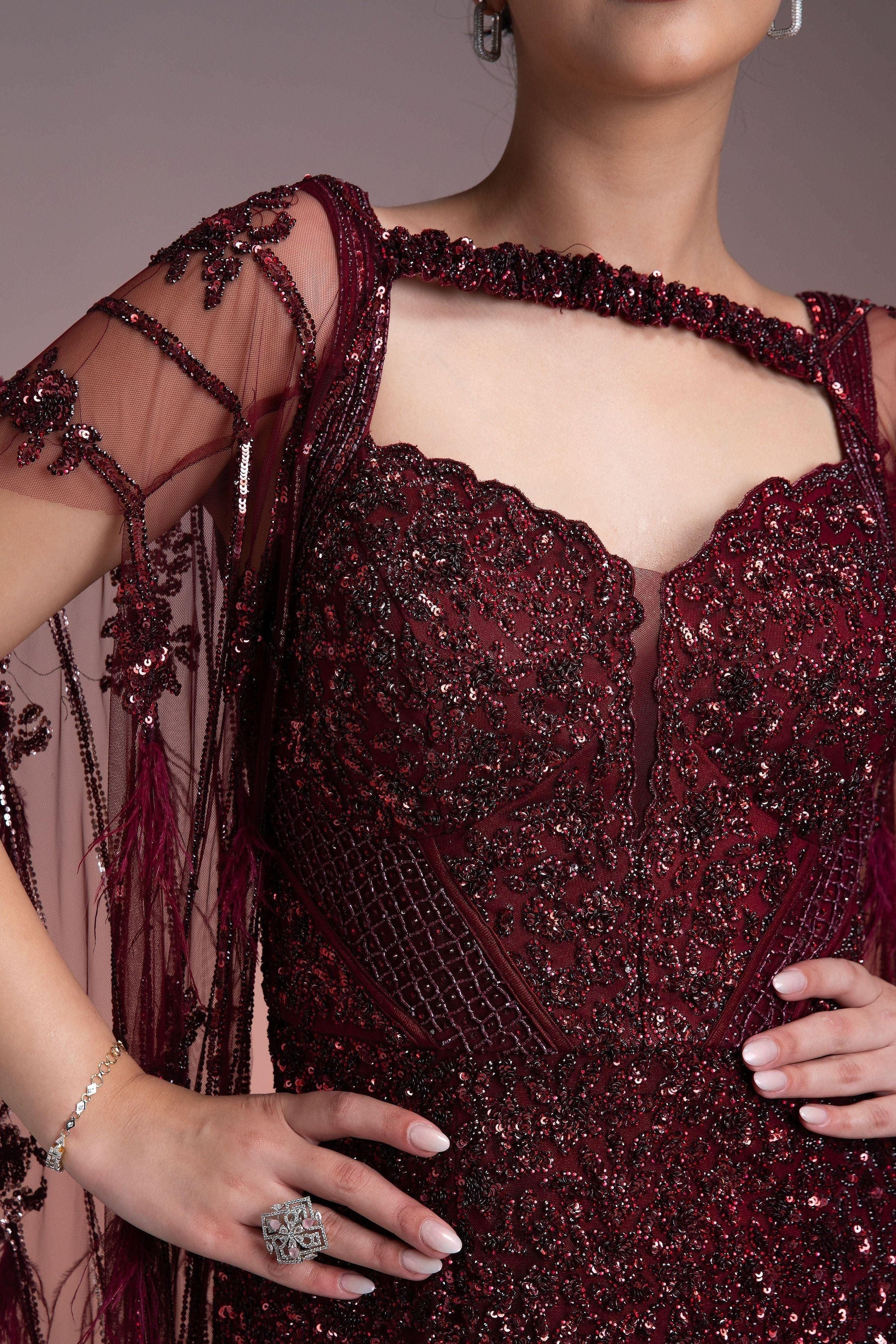 Maroon Sequined Gown With Sheer Cape - Mokshaa