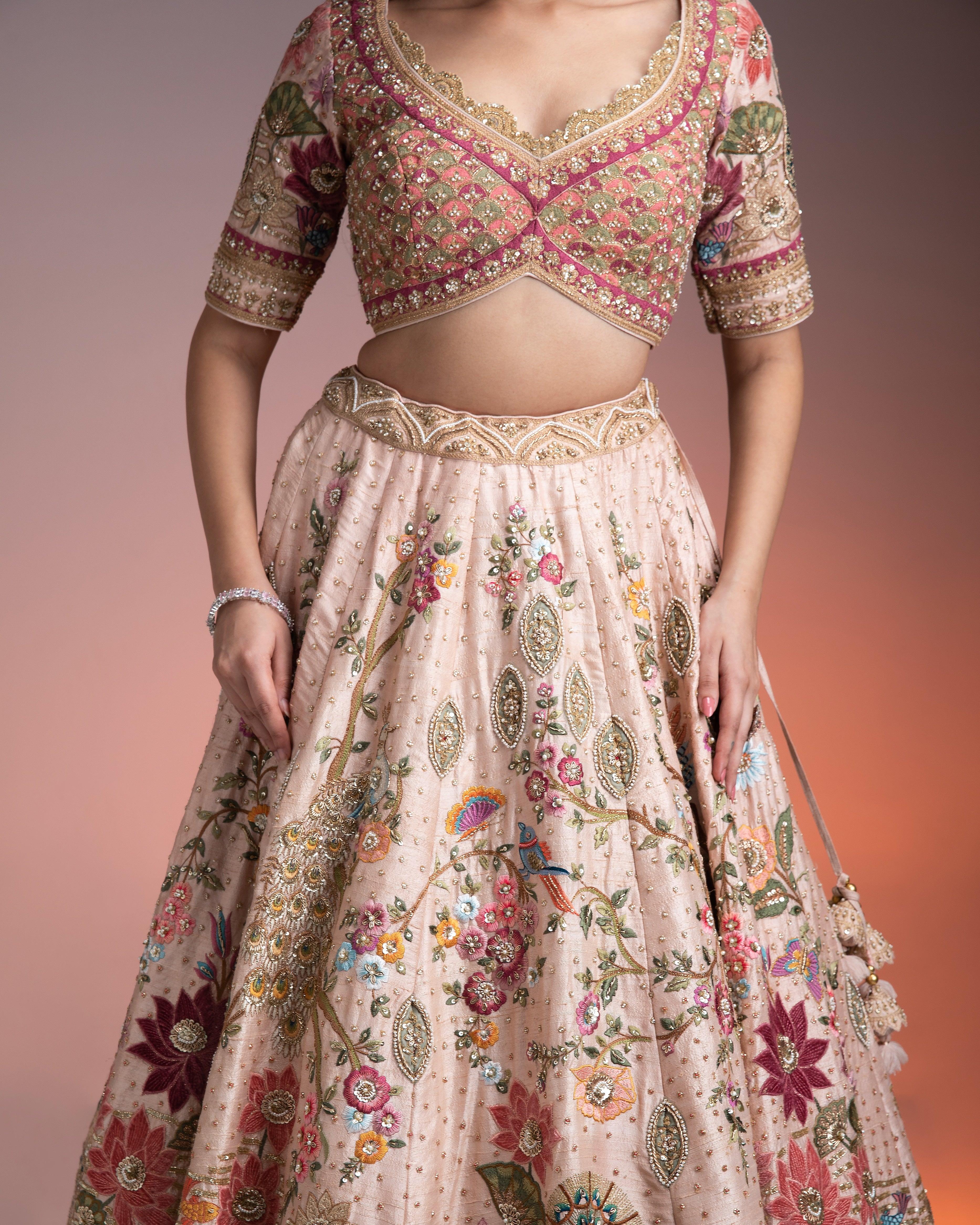 Light Peach Raw Silk Lehenga Set - Mokshaa