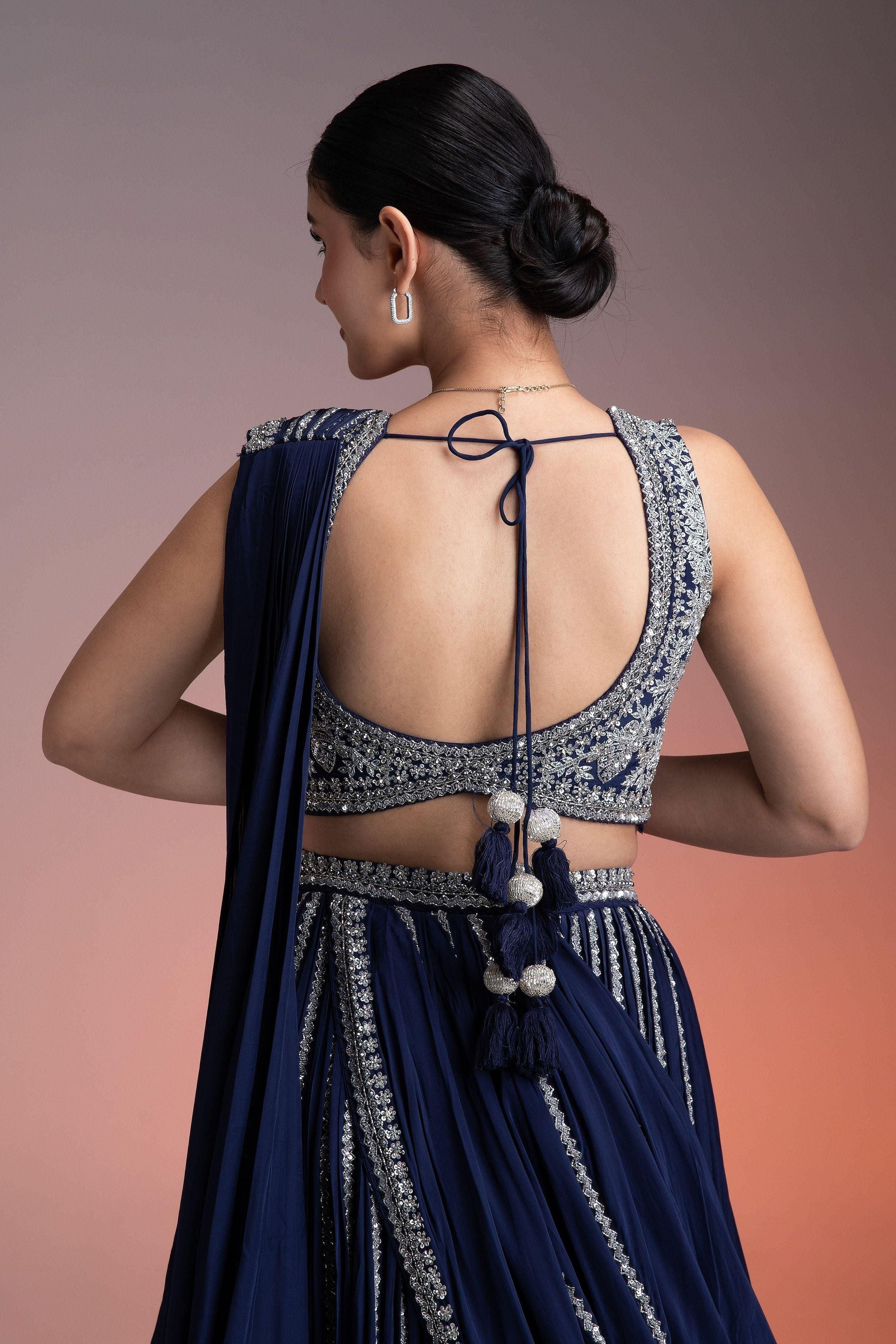 Navy Blue Satin Silk Lehenga Set With Silver Threadwork And Sequins - Mokshaa