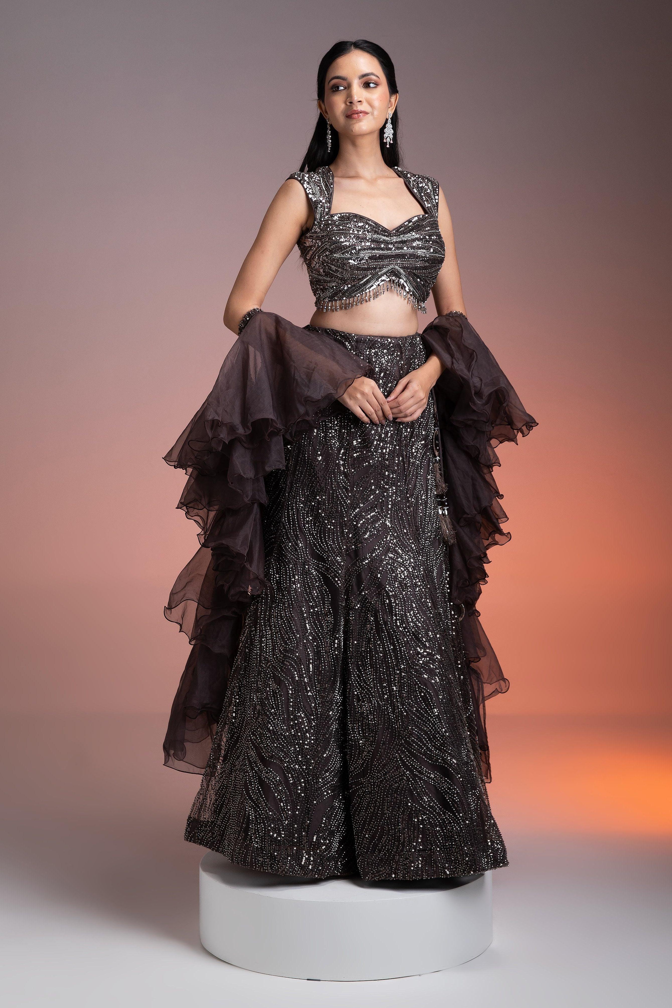 Charcoal Brown Net Skirt Set With Sequins And Beadwork - Mokshaa