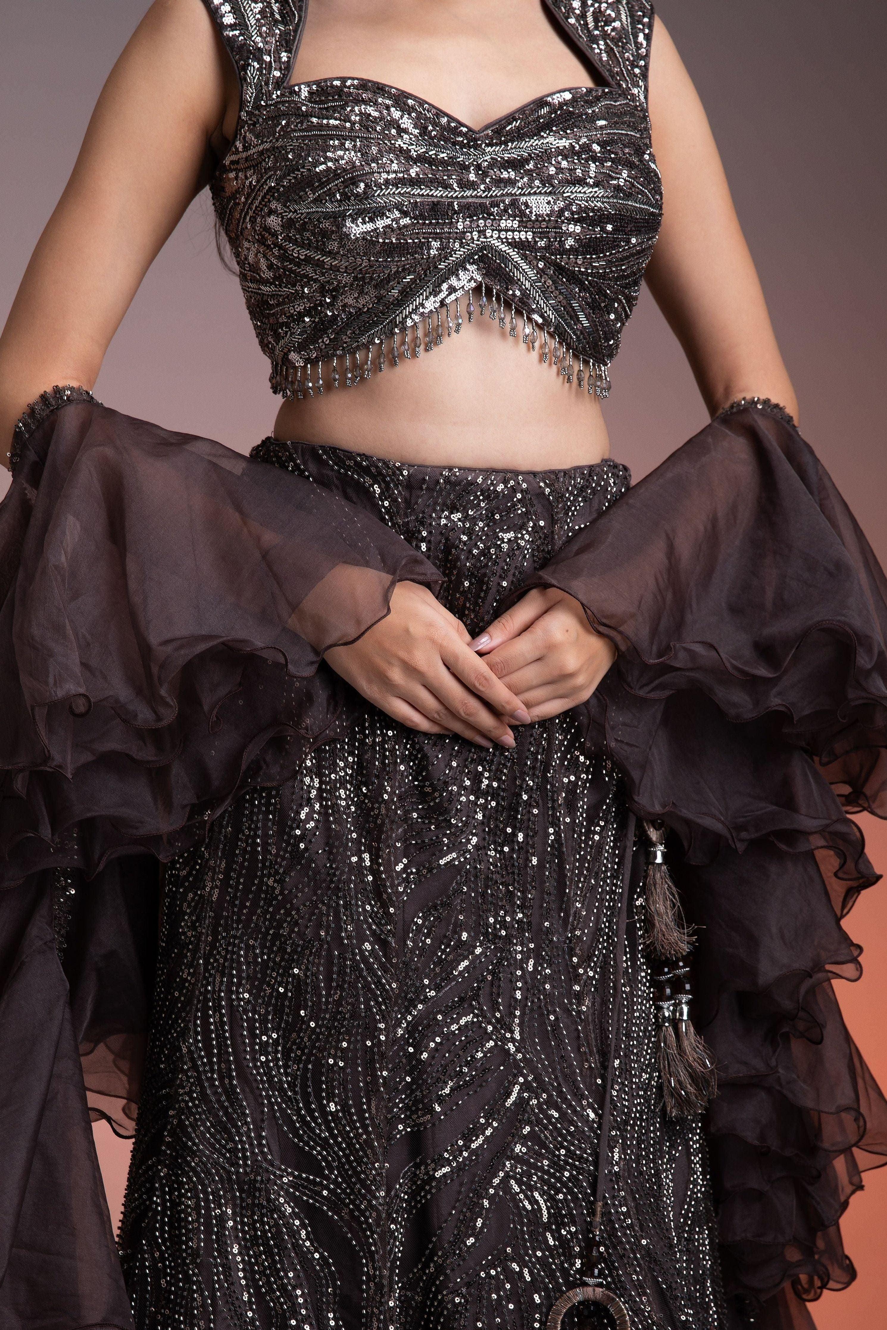 Charcoal Brown Net Skirt Set With Sequins And Beadwork - Mokshaa