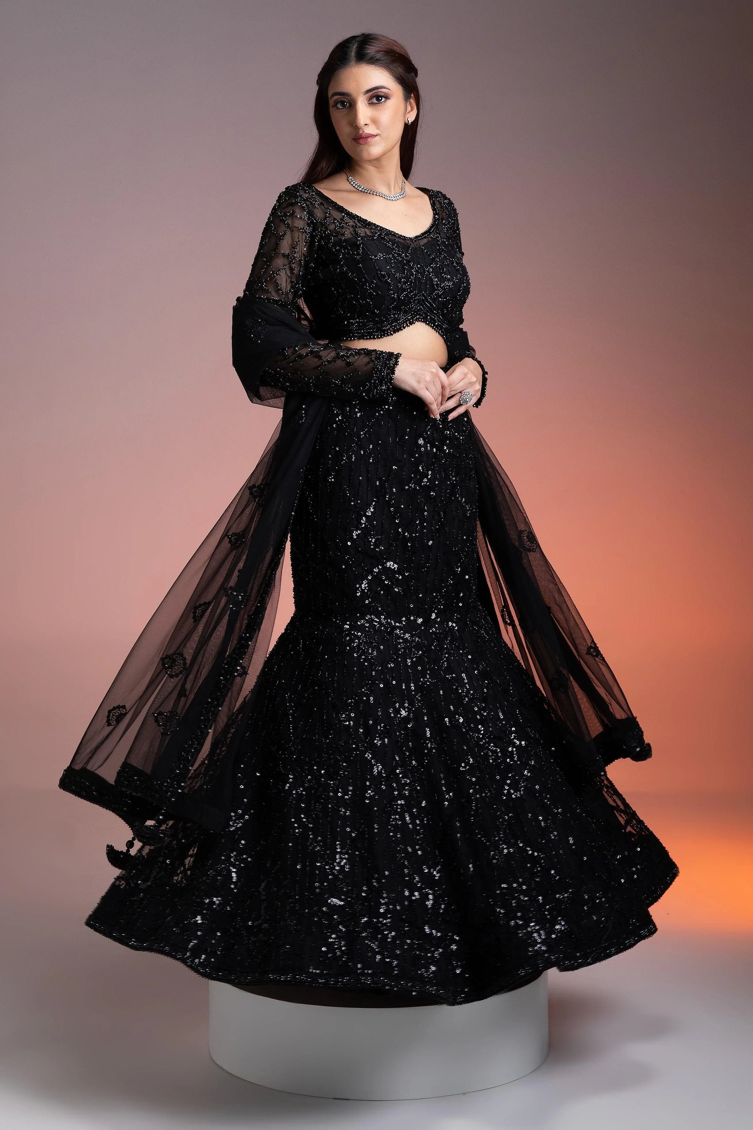 Black Lehenga Set With Sequins And Beadwork - Mokshaa
