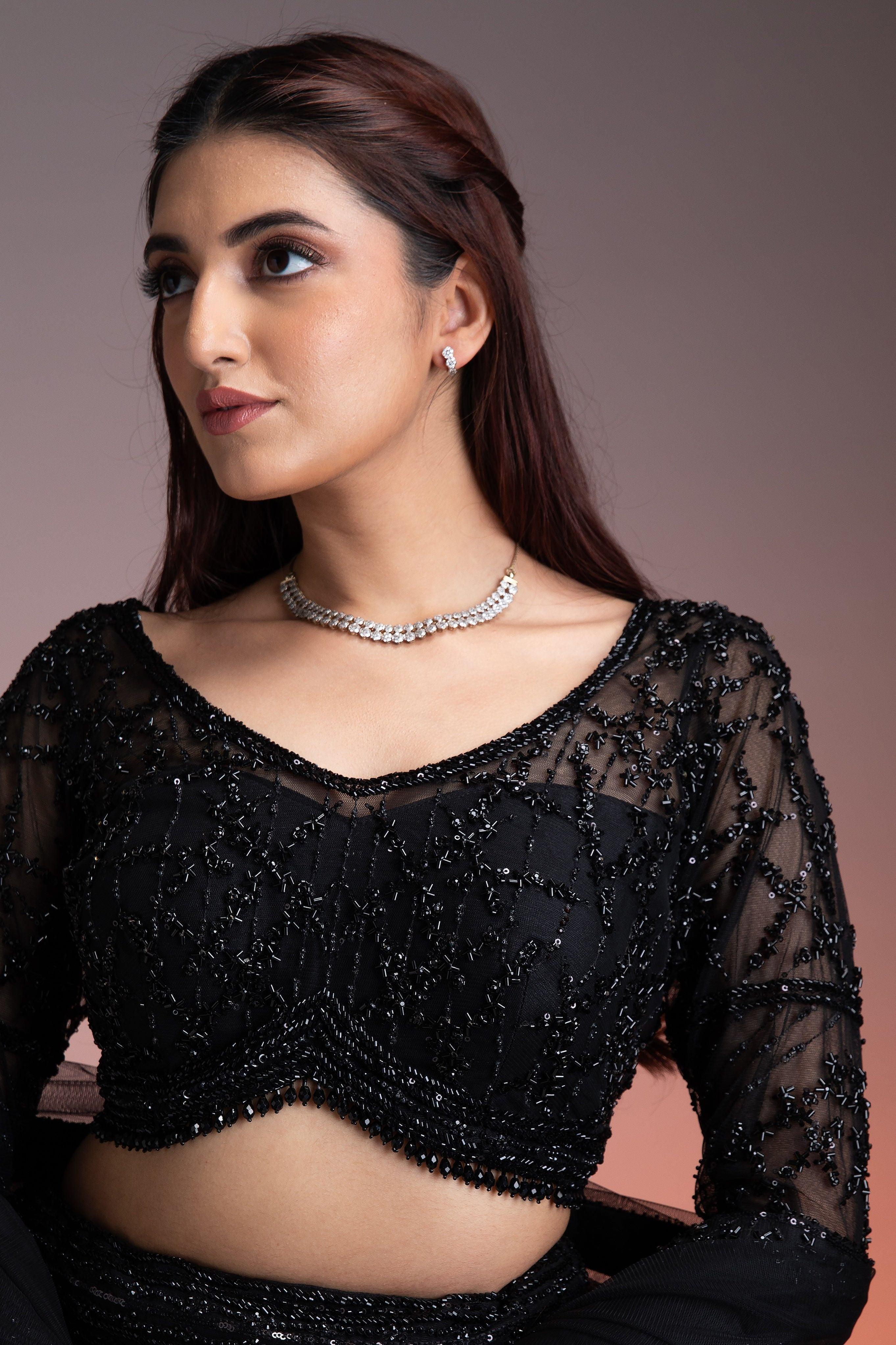 Black Lehenga Set With Sequins And Beadwork - Mokshaa
