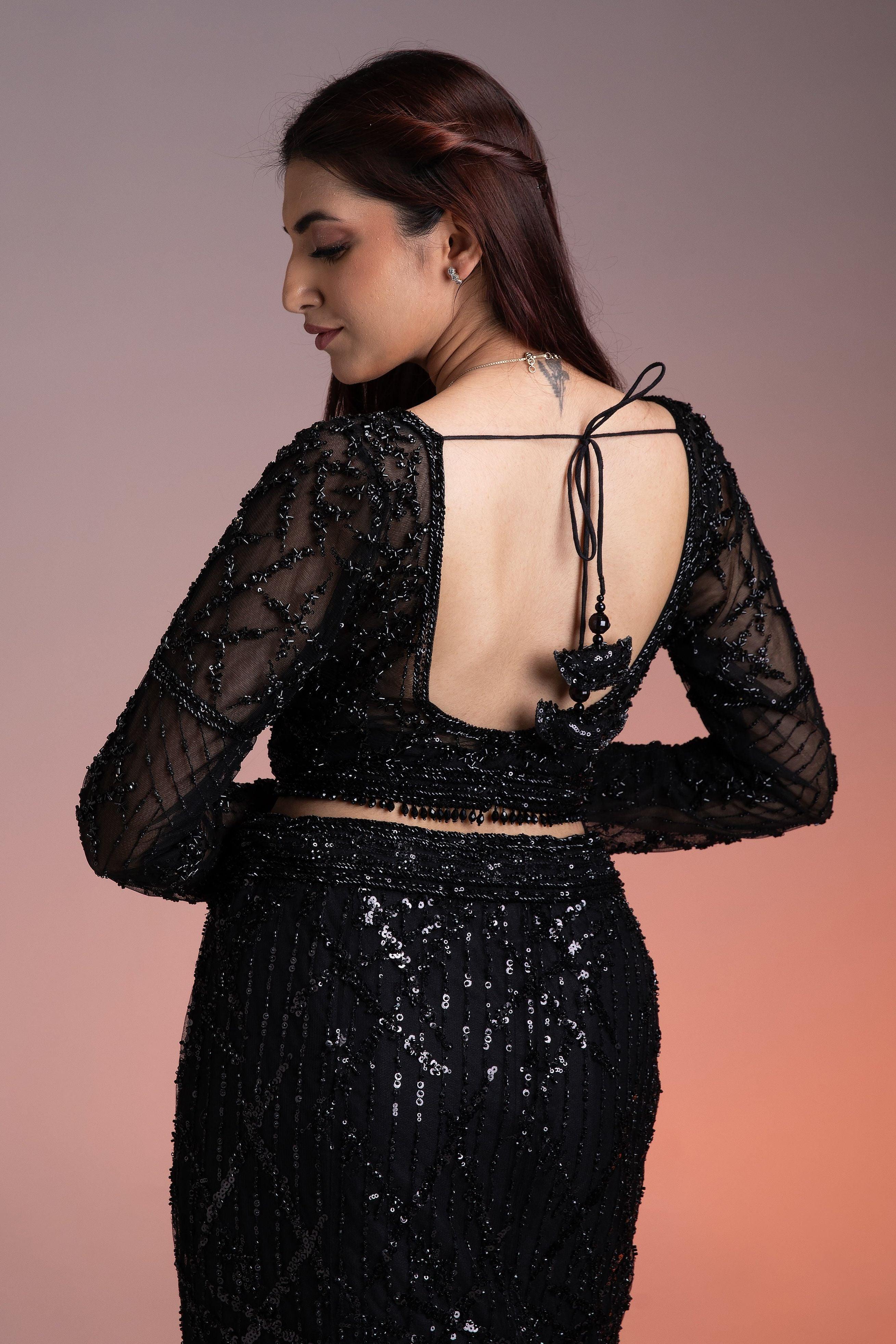Black Lehenga Set With Sequins And Beadwork - Mokshaa