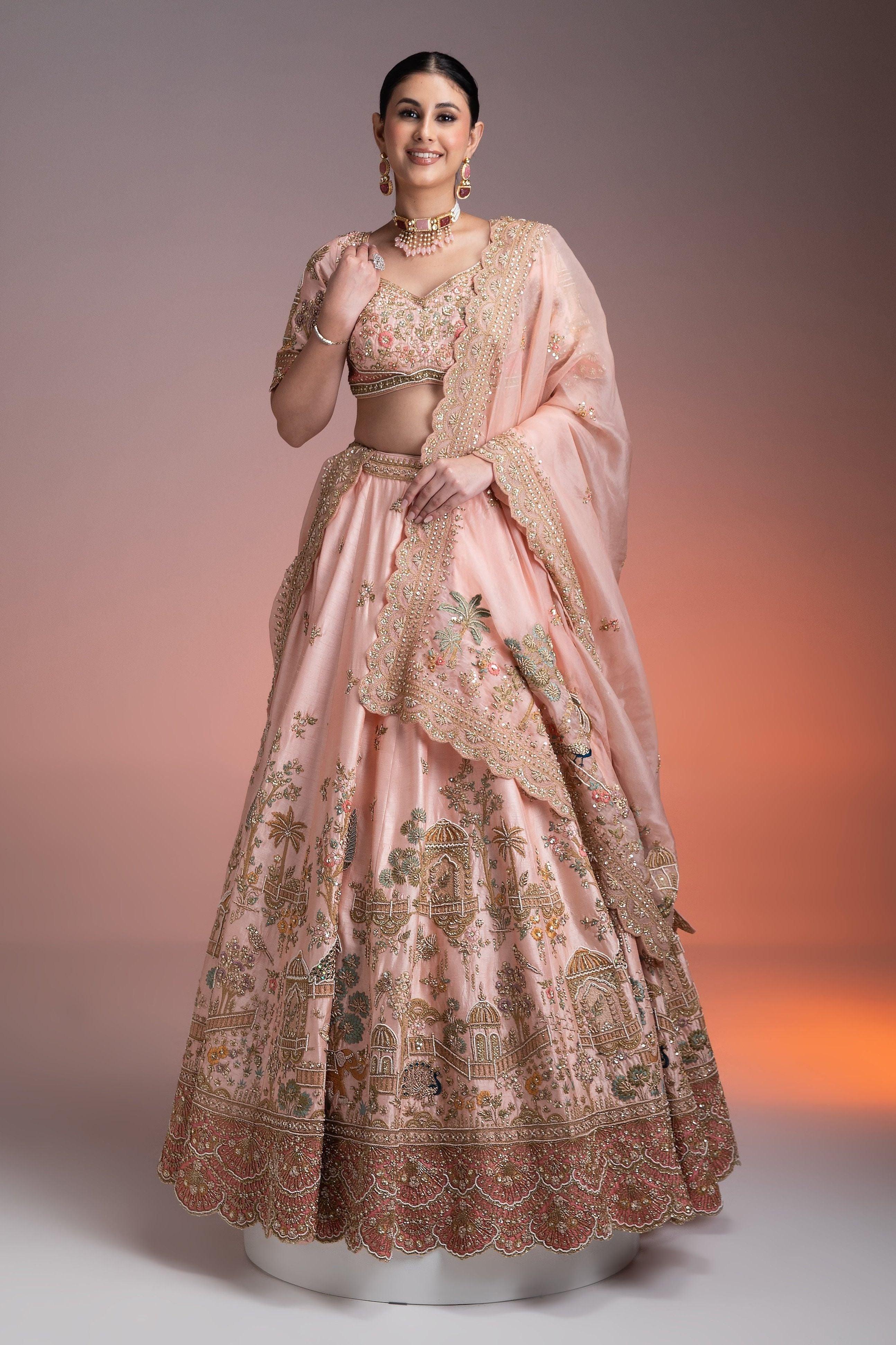Pastel Pink Silk Lehenga Set With Threadwork And Zari Detailing - Mokshaa