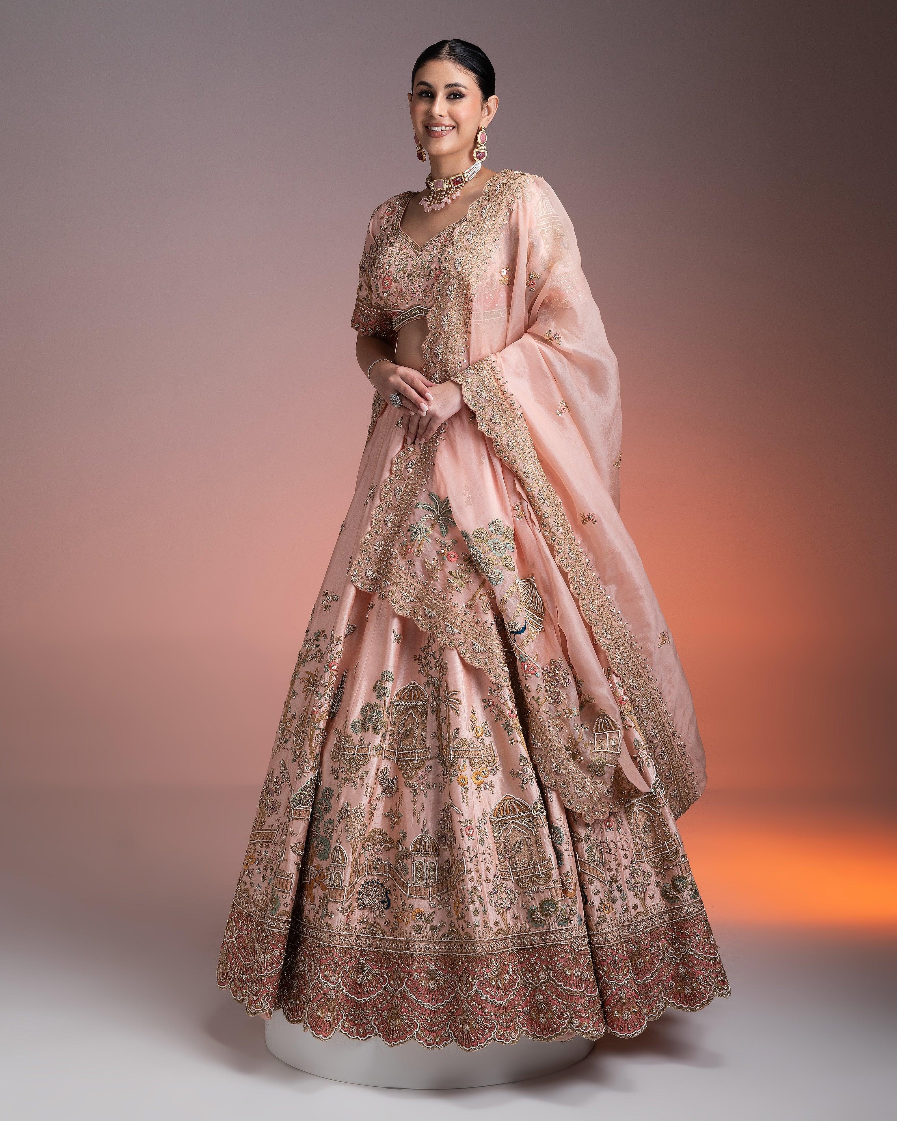 Pastel Pink Silk Lehenga Set With Threadwork And Zari Detailing - Mokshaa