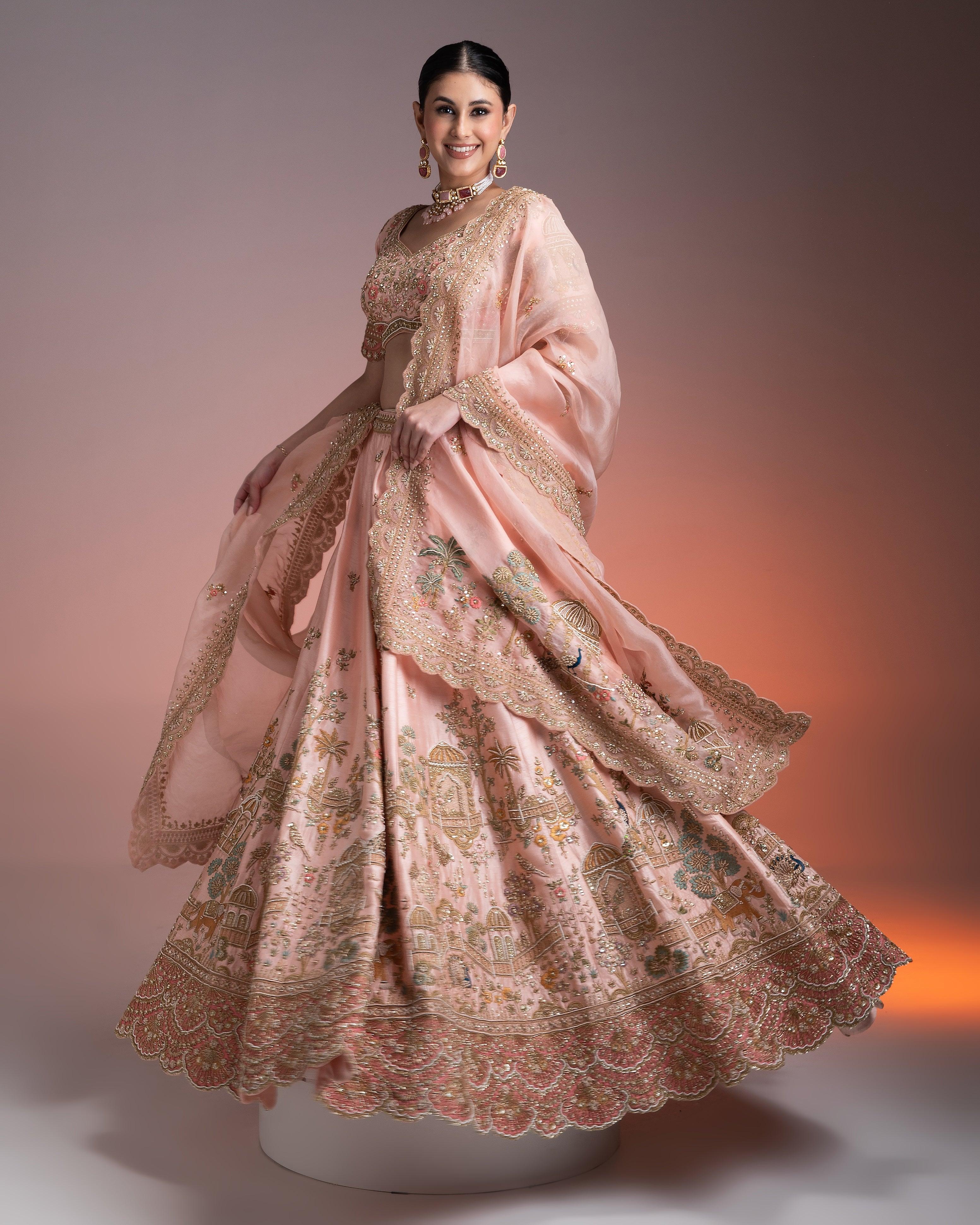 Pastel Pink Silk Lehenga Set With Threadwork And Zari Detailing - Mokshaa