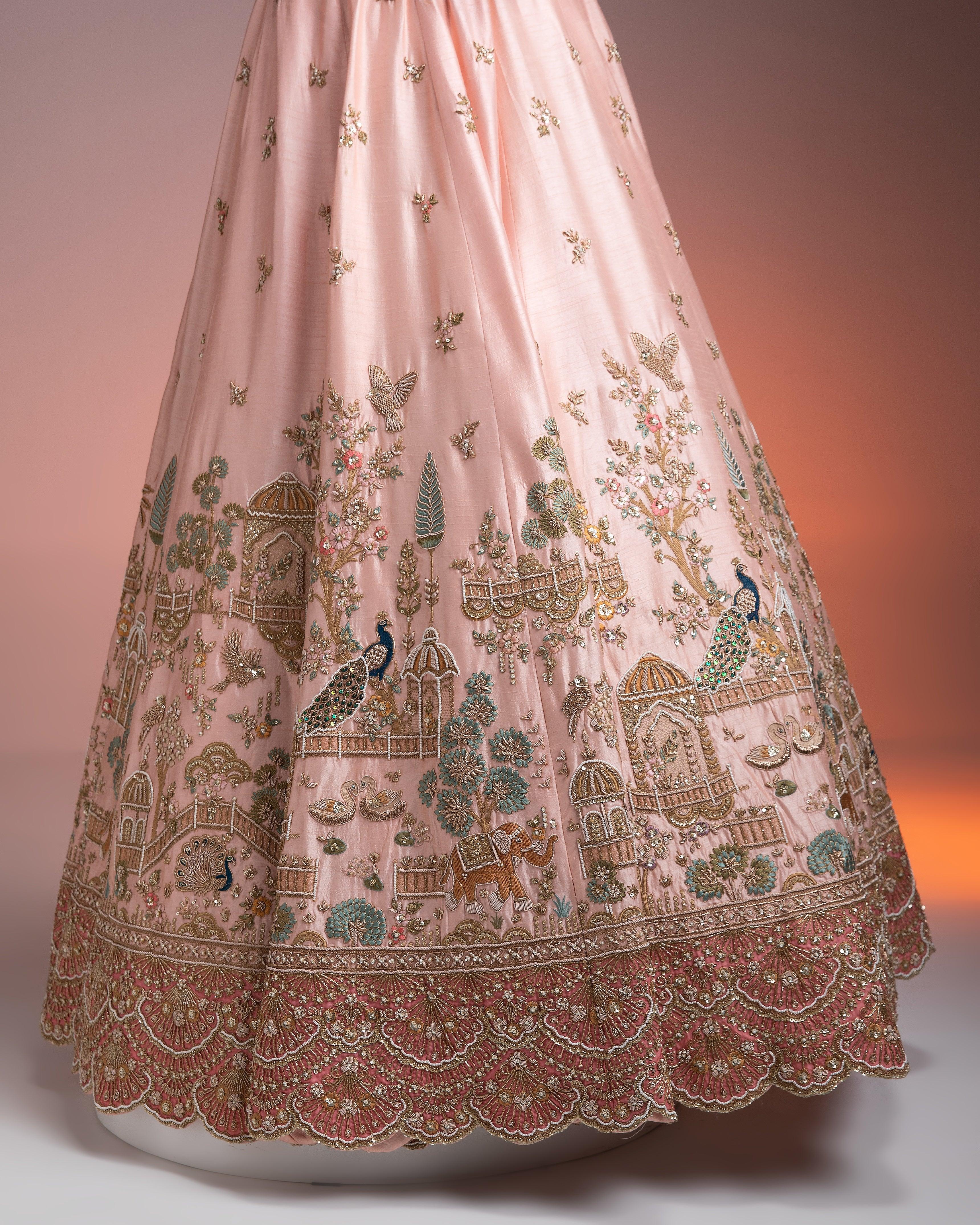Pastel Pink Silk Lehenga Set With Threadwork And Zari Detailing - Mokshaa