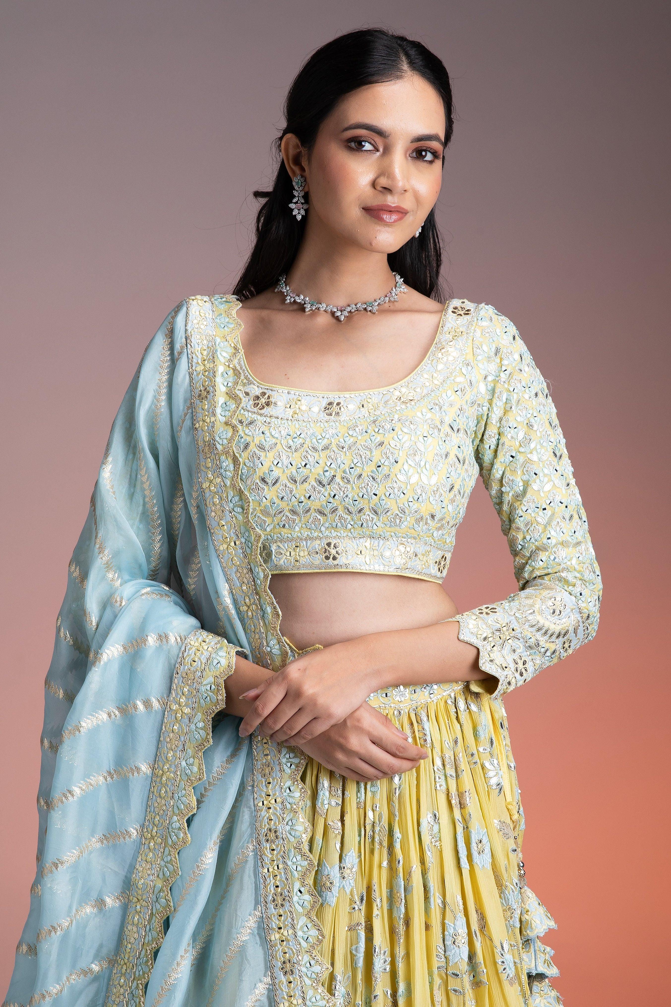 Pastel Yellow Crushed Georgette Lehenga Set With Mirror Embroidery - Mokshaa