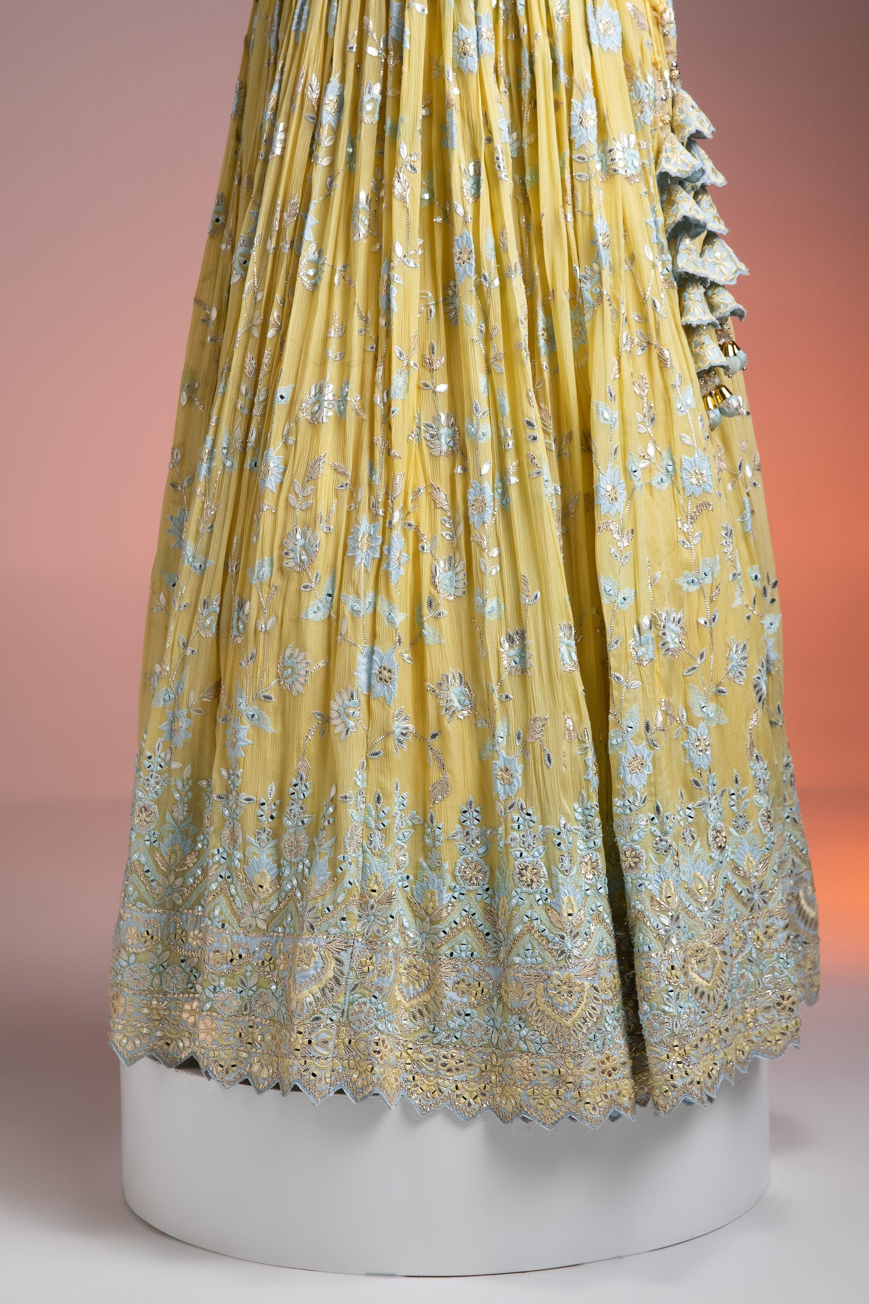 Pastel Yellow Crushed Georgette Lehenga Set With Mirror Embroidery - Mokshaa
