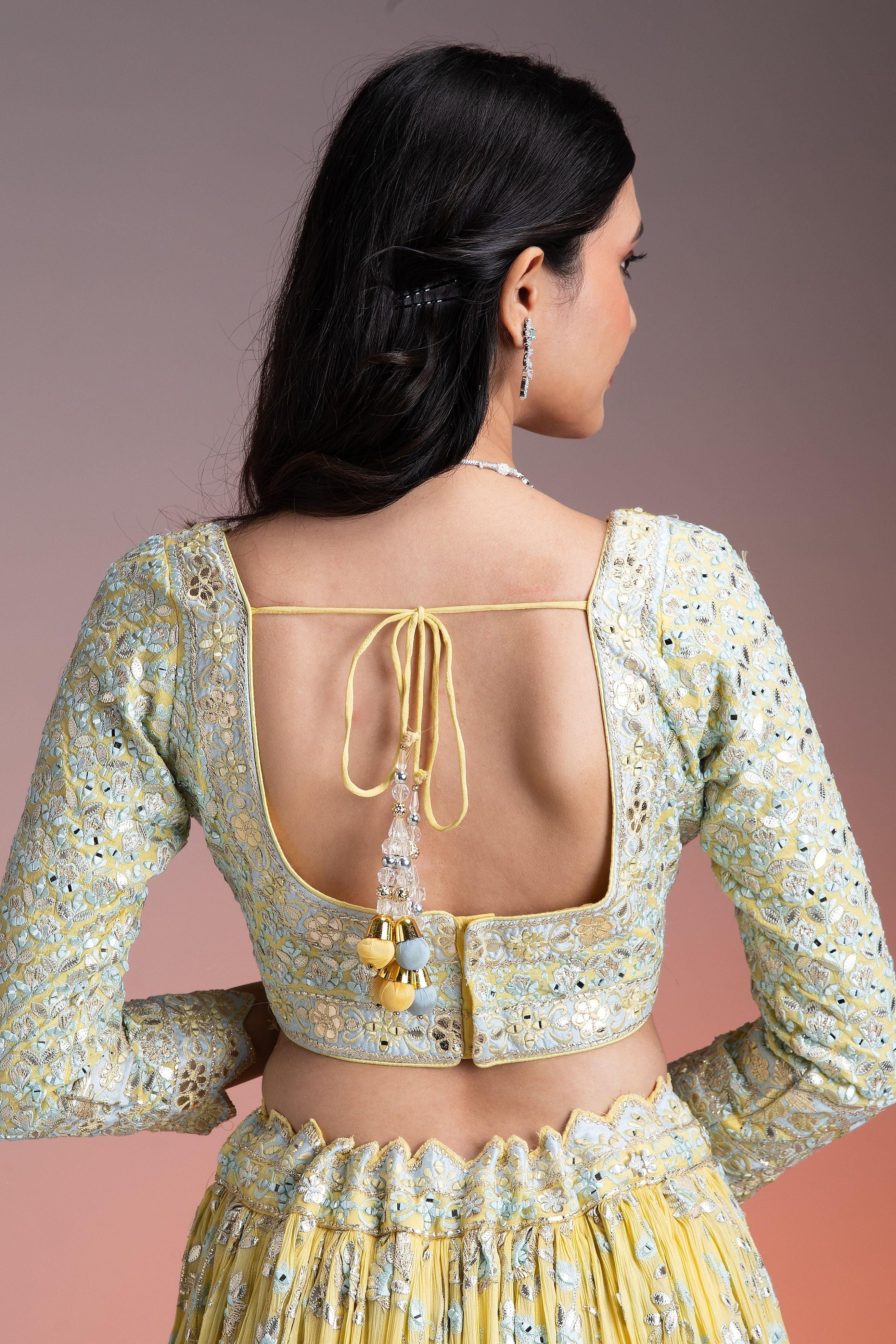 Pastel Yellow Crushed Georgette Lehenga Set With Mirror Embroidery - Mokshaa